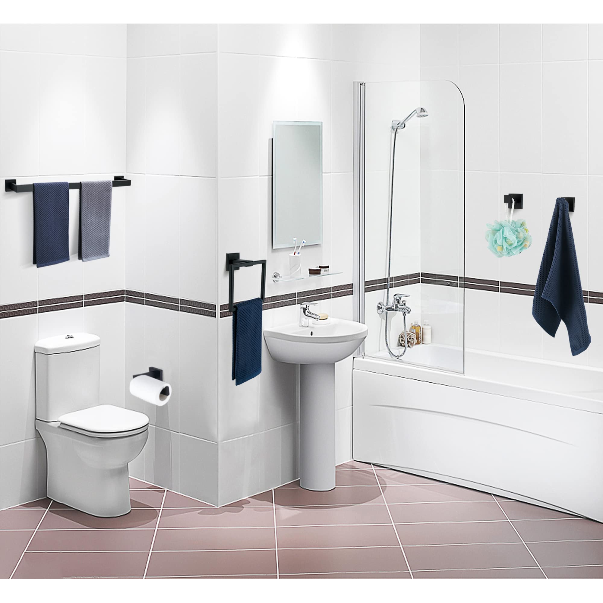 Matte Black 5 Piece Bathroom Hardware Set - 24'' Sus304 Stainless Steel Square Towel Rack With Wall Mount Option