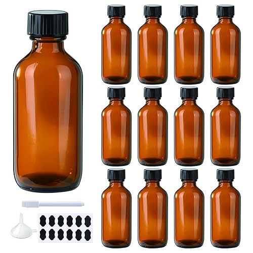 BPFY 2 oz 12 pack Amber Boston Glass Bottle With Black Poly Cap  Funnel  Chalk Labels  Pen Dispensing Bottles for Homemade Vanilla Extract  Essential Oils  Herbal Medicine  Wedding Christmas Decor