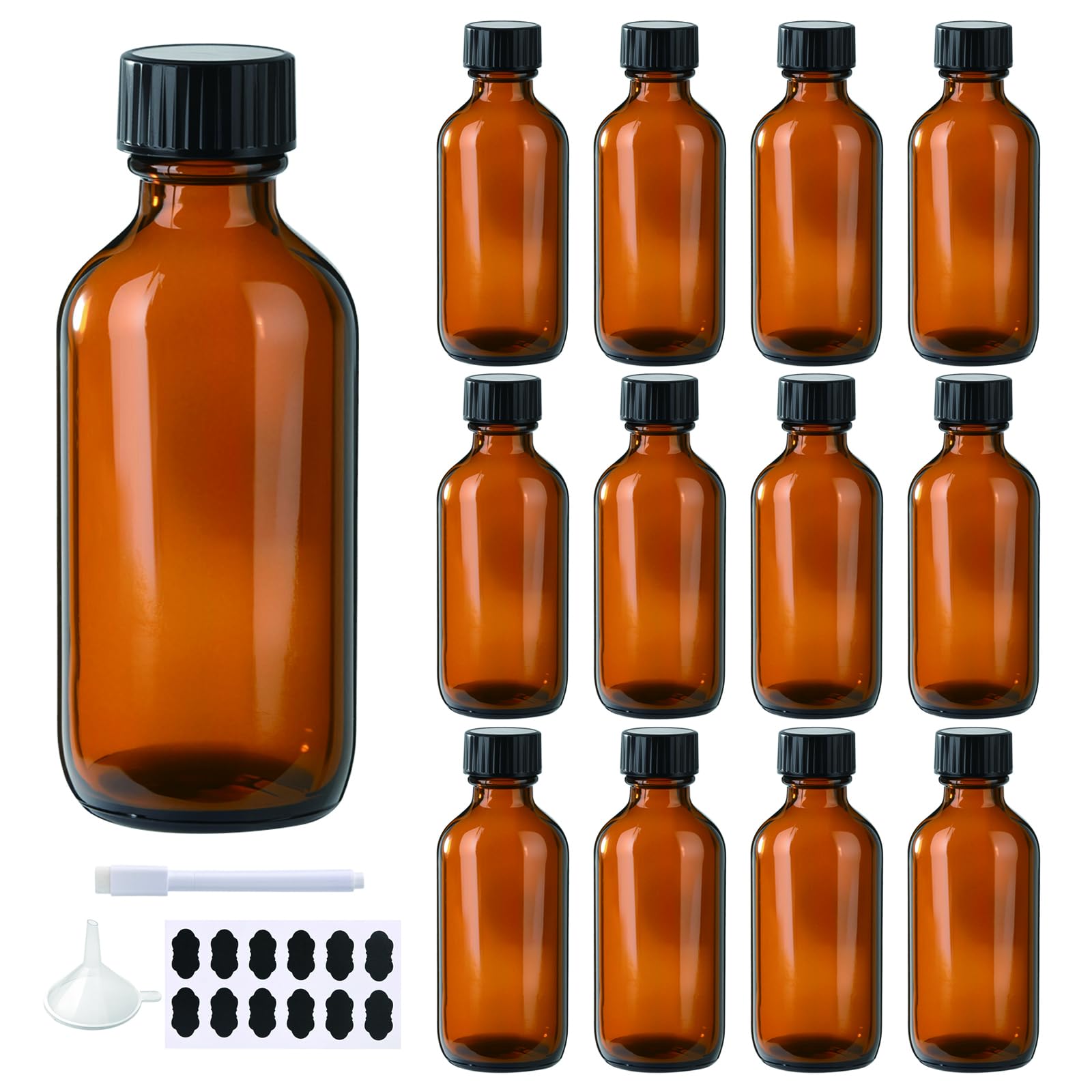 BPFY 2 oz 12 pack Amber Boston Glass Bottle With Black Poly Cap  Funnel  Chalk Labels  Pen Dispensing Bottles for Homemade Vanilla Extract  Essential Oils  Herbal Medicine  Wedding Christmas Decor