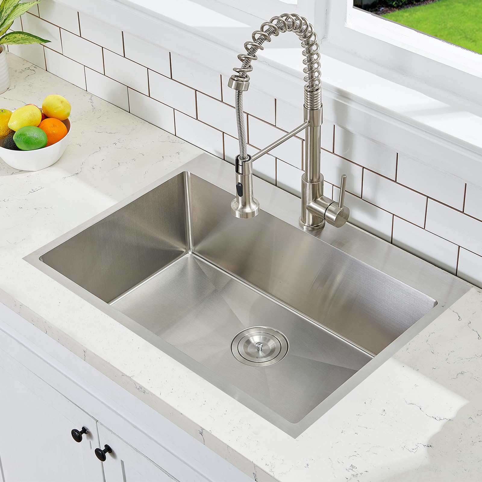 Vccucine 28X18 Inch Drop In Kitchen Sink 16 Gauge Top Mount Handmade T304 Brushed Nickel Kitchen Sink,Stainless Steel Single Bow