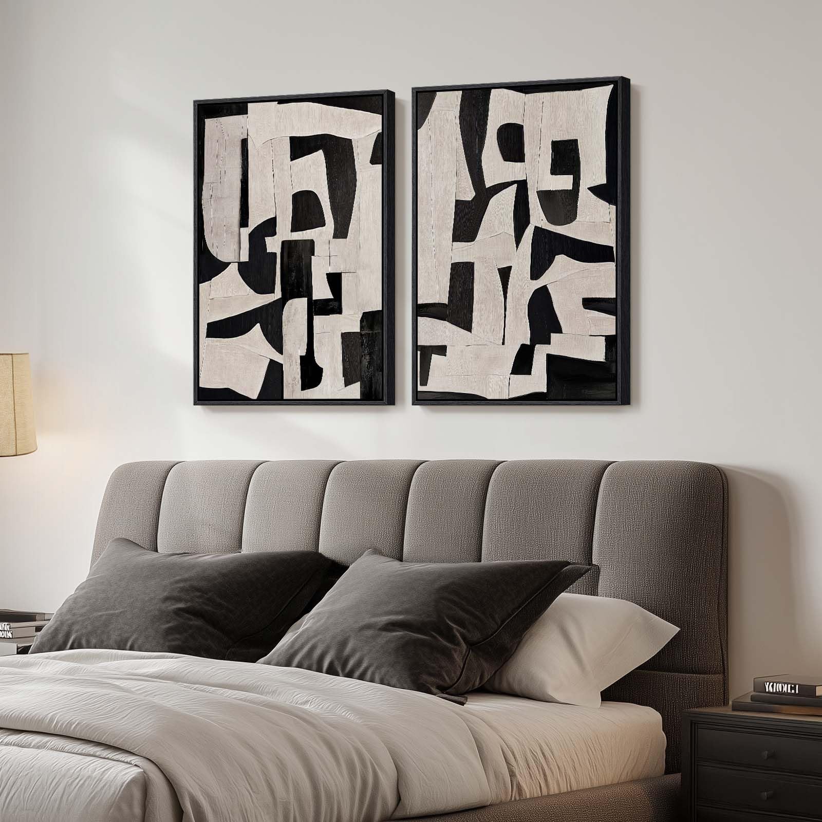 Large Framed Black And White Abstract Wall Art, Set Of 2 Modern Canvas Prints Paintings Artwork For Walls, Minimalist Abstract B