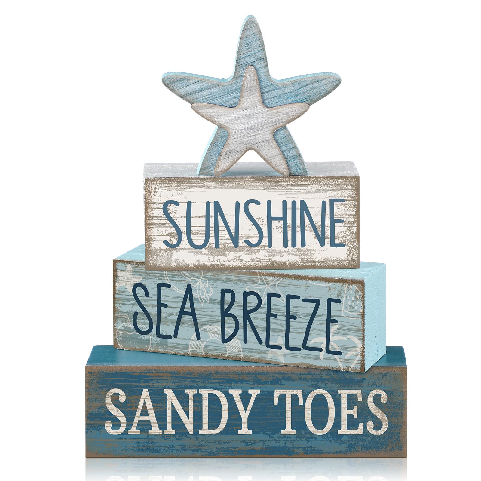Lineshading 4 Pcs Summer Table Decoration Coastal Wooden Stacked Block Decor, Sunshine Sea Breeze Sandy Toes Signs with Starfish