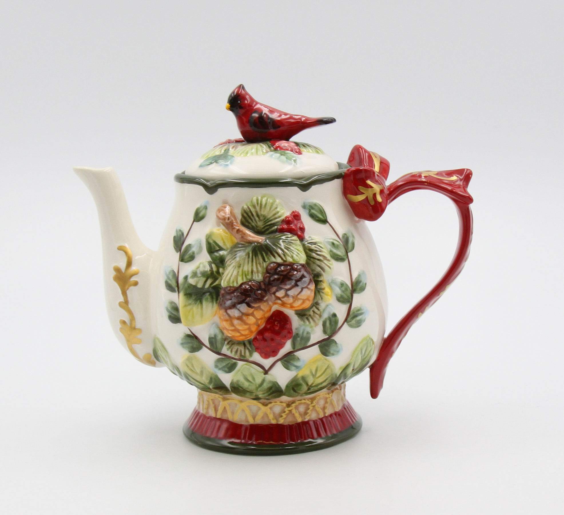 Fine Ceramic Evergreen Holiday Red Cardinal with Pine Cones Teapot  8-1/8'' L