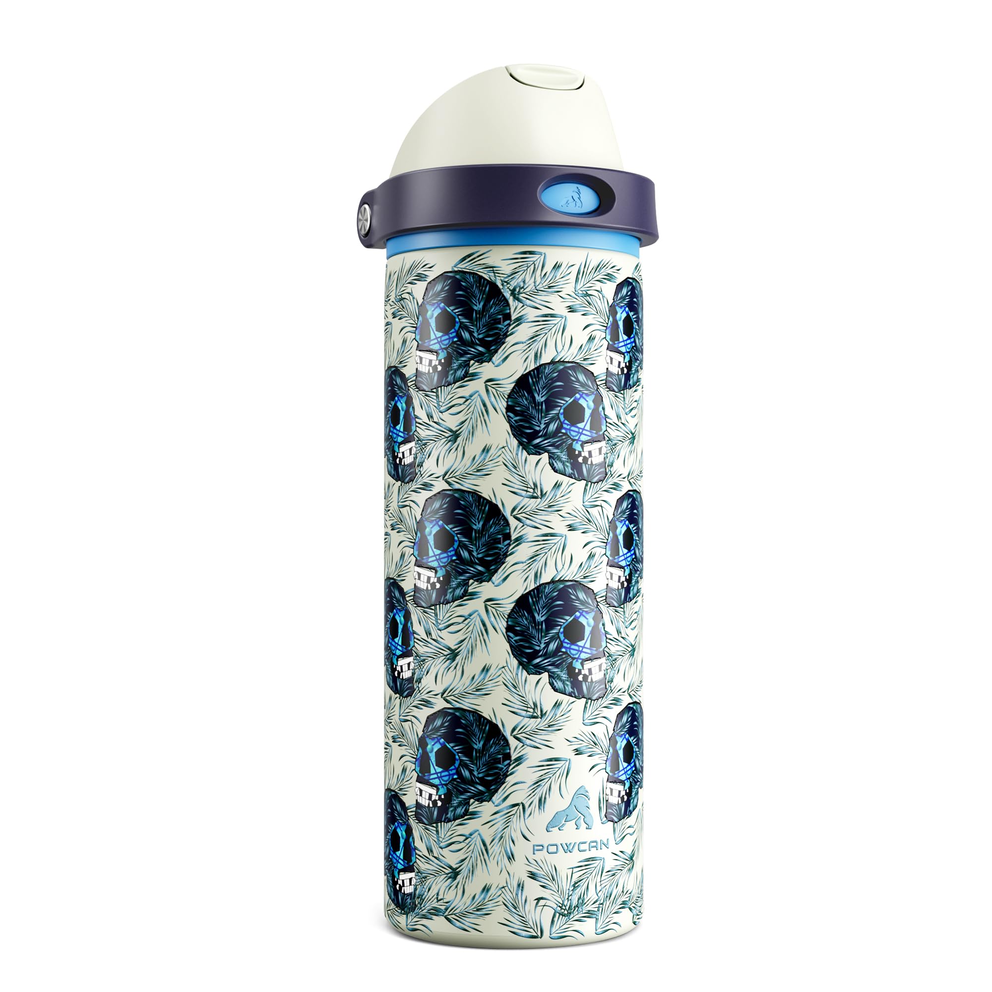 POWCAN 24 oz Insulated Skull Water Bottle: Push-Button Spout & Quick-Flip Straw, Leakproof, Car Cupholder Friendly, Insulated Fl