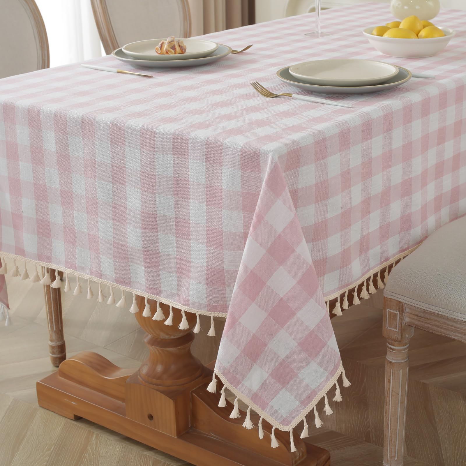 Alsoo Pink Gingham Tablecloth Square 55 x 55 Inch, Washable Checkered Plaid Table Cloth Heavy Duty Linen Cotton Fabric for Summe