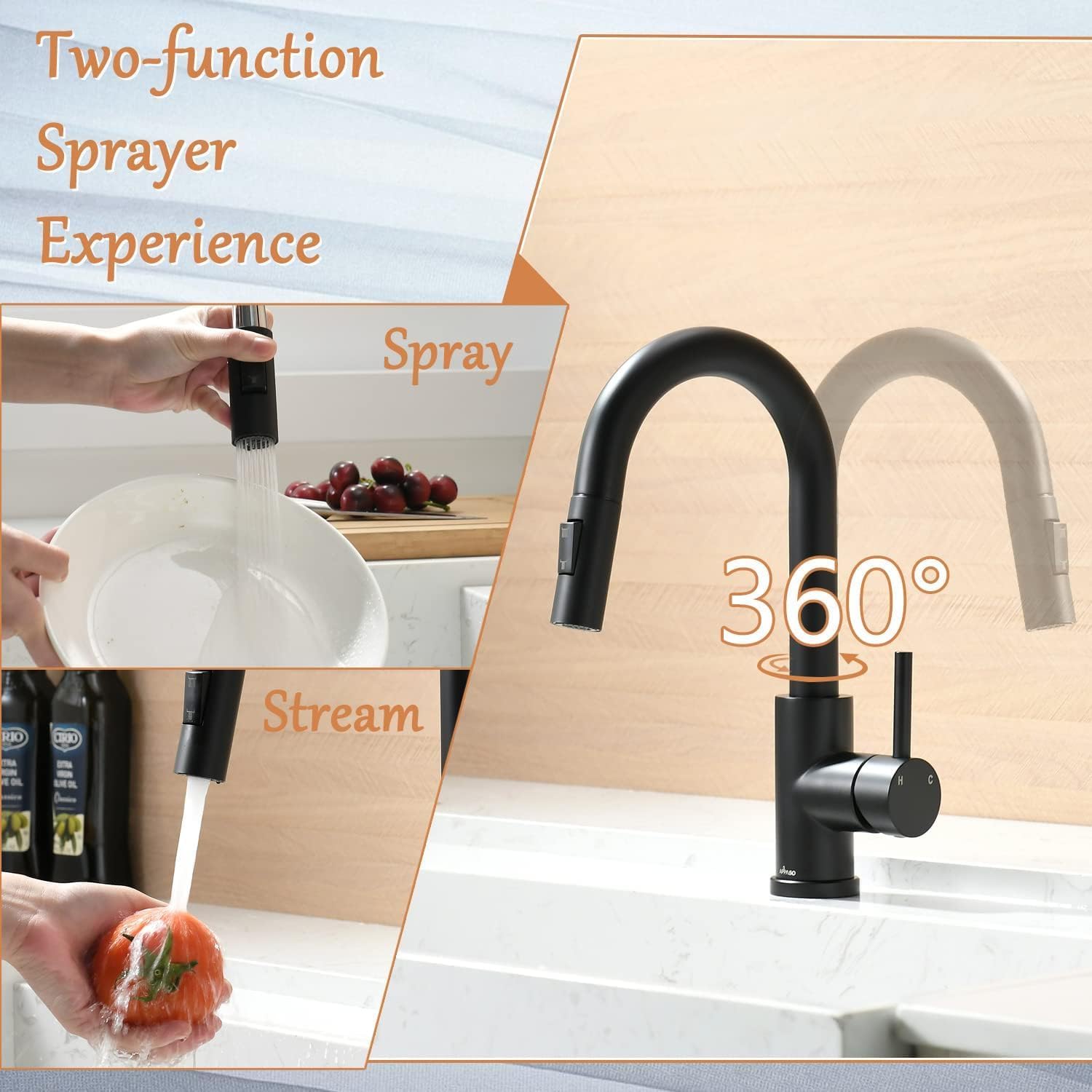 Appaso Bar Sink Faucet, Stainless Steel Kitchen Faucet With Pull Down Sprayer, Modern Single Handle High Arch Faucet Kitchen, Ut