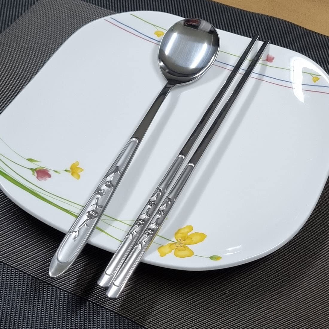 GARASANI Korean Traditional Cutlery Stainless Steel Spoons and Chopsticks Set (Silver Plum blossom)