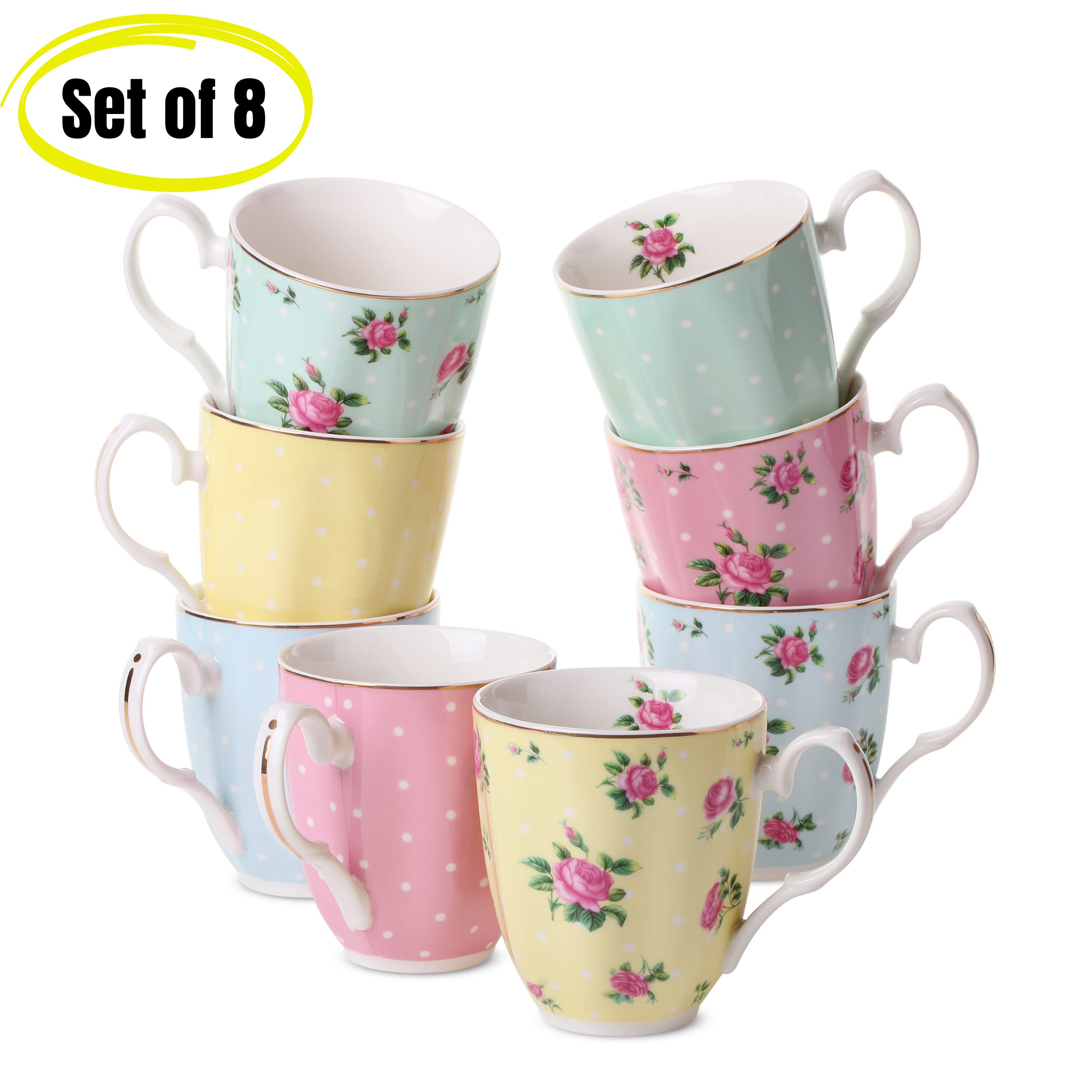 BTaT- Royal Coffee Mugs, 12 oz, Set of 8, Floral Mugs, Porcelain Bone China, Tea Mug, Coffee Mug Set, Large Coffee Mugs, Coffee