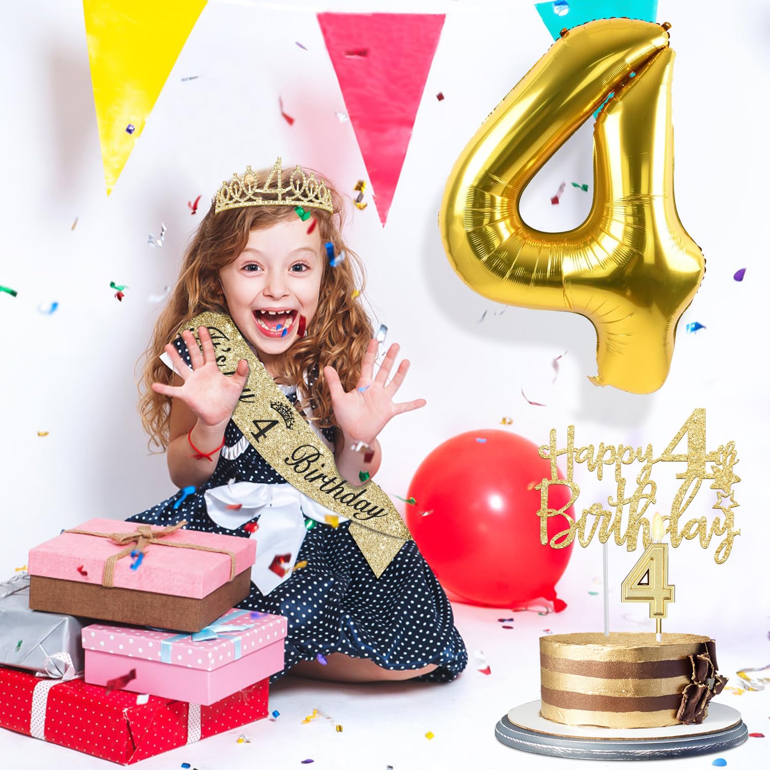 4th Birthday Decorations for Girl with 4th Birthday Sash and Crown, Candle and Cake Topper, Number Balloon, 4 Year Old Girl Gift