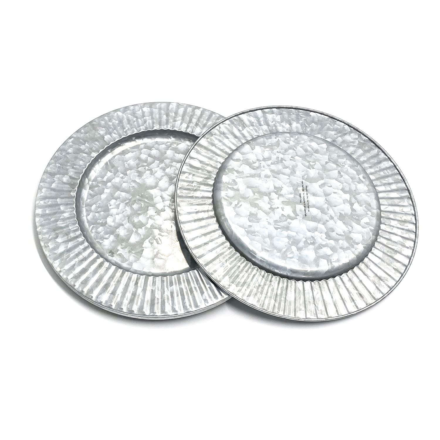 Koxin-Karlu 4-Piece Ruffled Galvanized Charger Plates, 13-Inch Steel Charger Plates Silver Dinner Plate Chargers Round Server Wa