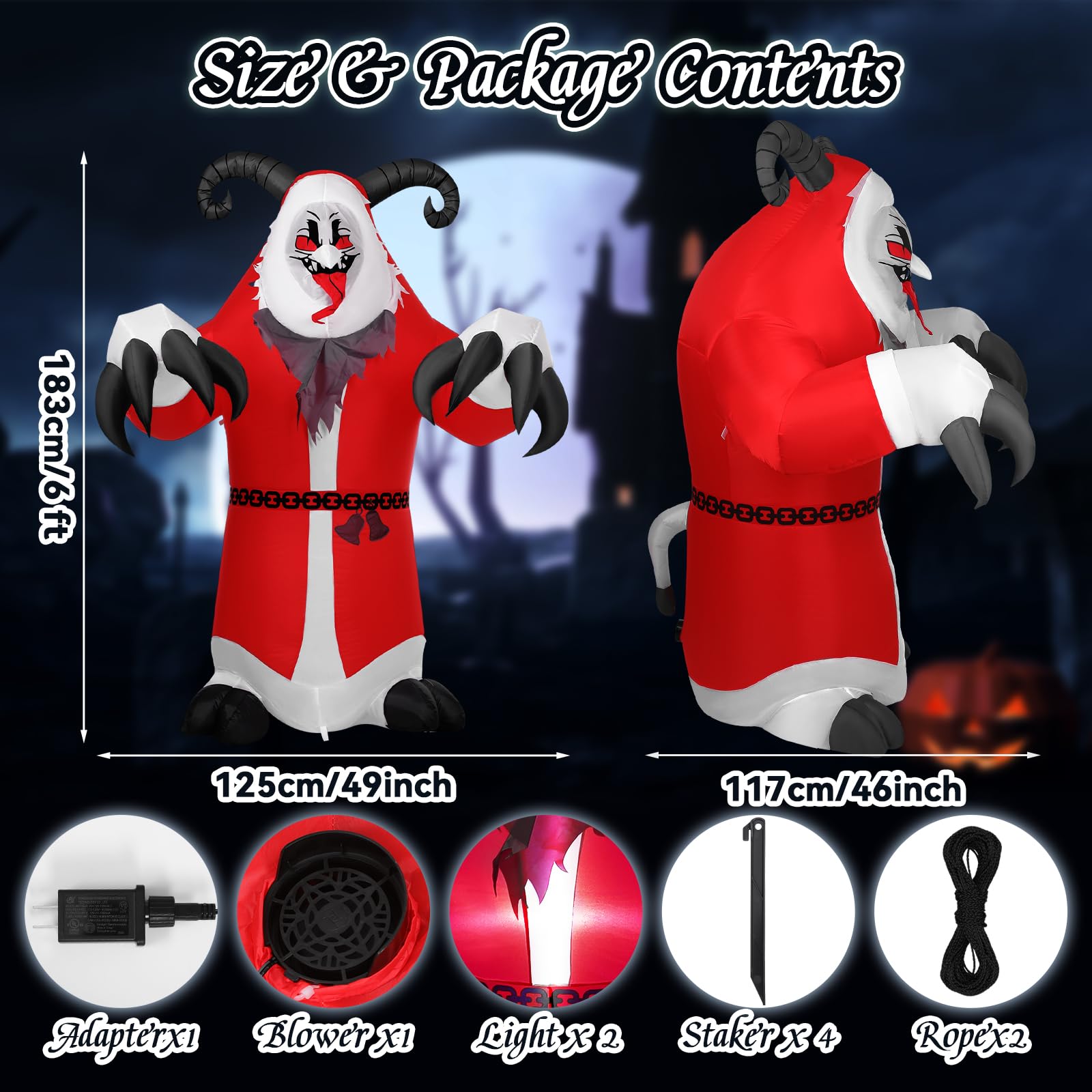 Hollowfly 6ft Christmas Krampus Inflatable Decoration - LED Light, Red/Gray/White, Outdoor Yard Decor, Model DUC-Hollowfly-3578