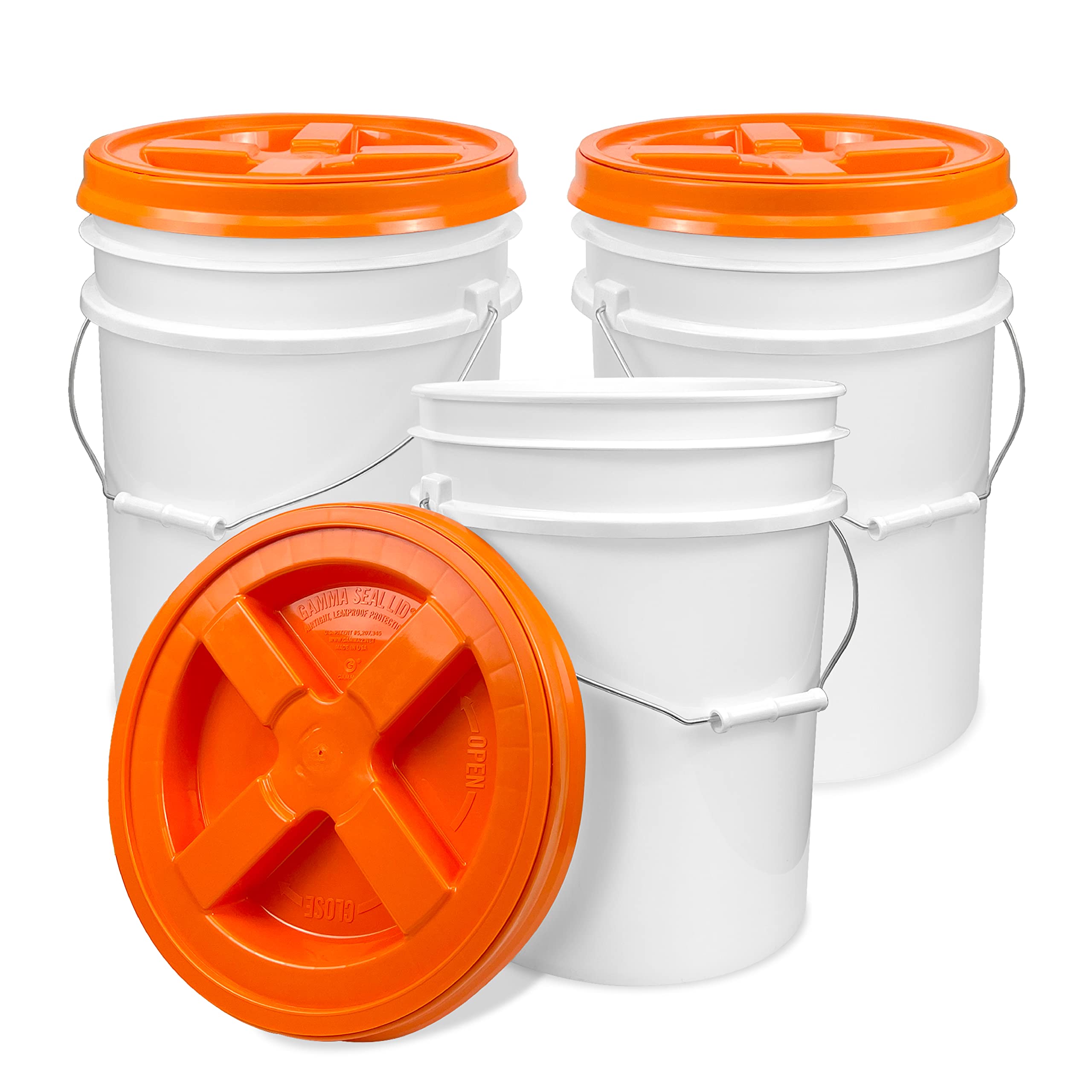 Epackagesupply, 5 Gallon White Bucket With Orange Gamma Seal Screw On Airtight Lid (3 Count), Food Grade Storage, Premium Hpde P