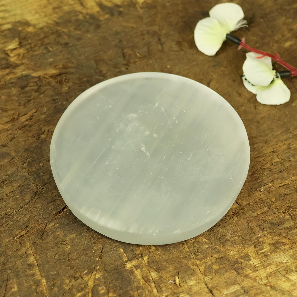 Reiki Crystal Products Selenite Charging Plate Coaster With Shree Yantra Symbol Size 7.6 Cm (3 Inch)