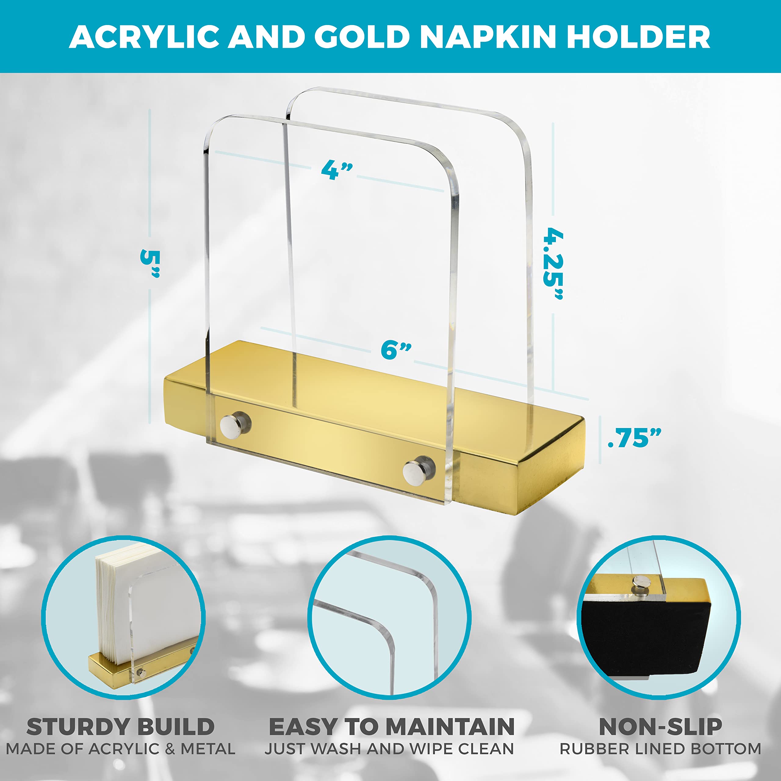 Modern Napkin Holder For Kitchen, Standing Napkin Holder For Tables, Clear Acrylic And Gold Steel Base Kitchen & Dining Room Dec