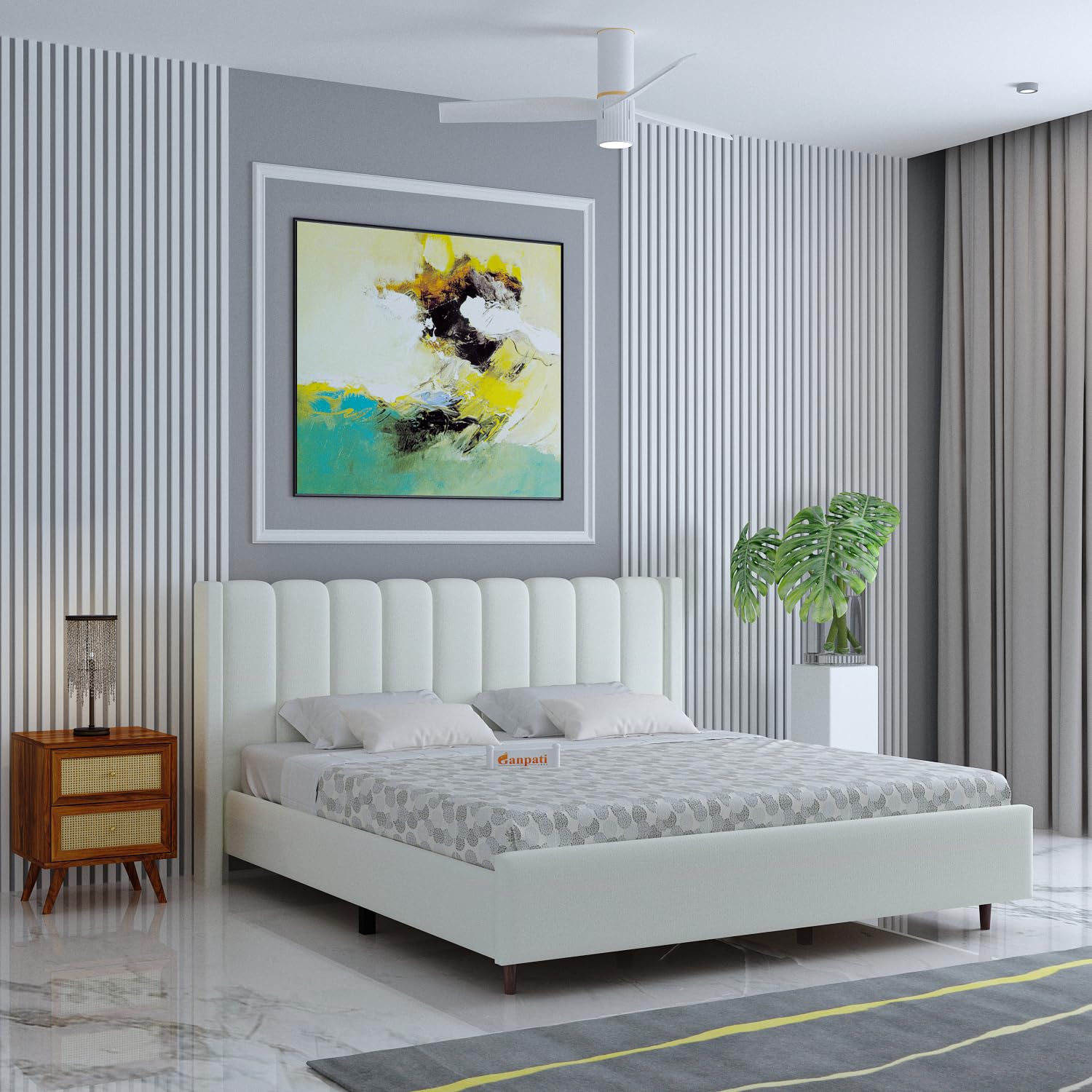 Ganpati Arts Solid Sheesham Wood Emperor Upholstered Queen Size Bed Without Storage | Durable Wooden Double Bed Palang Furniture