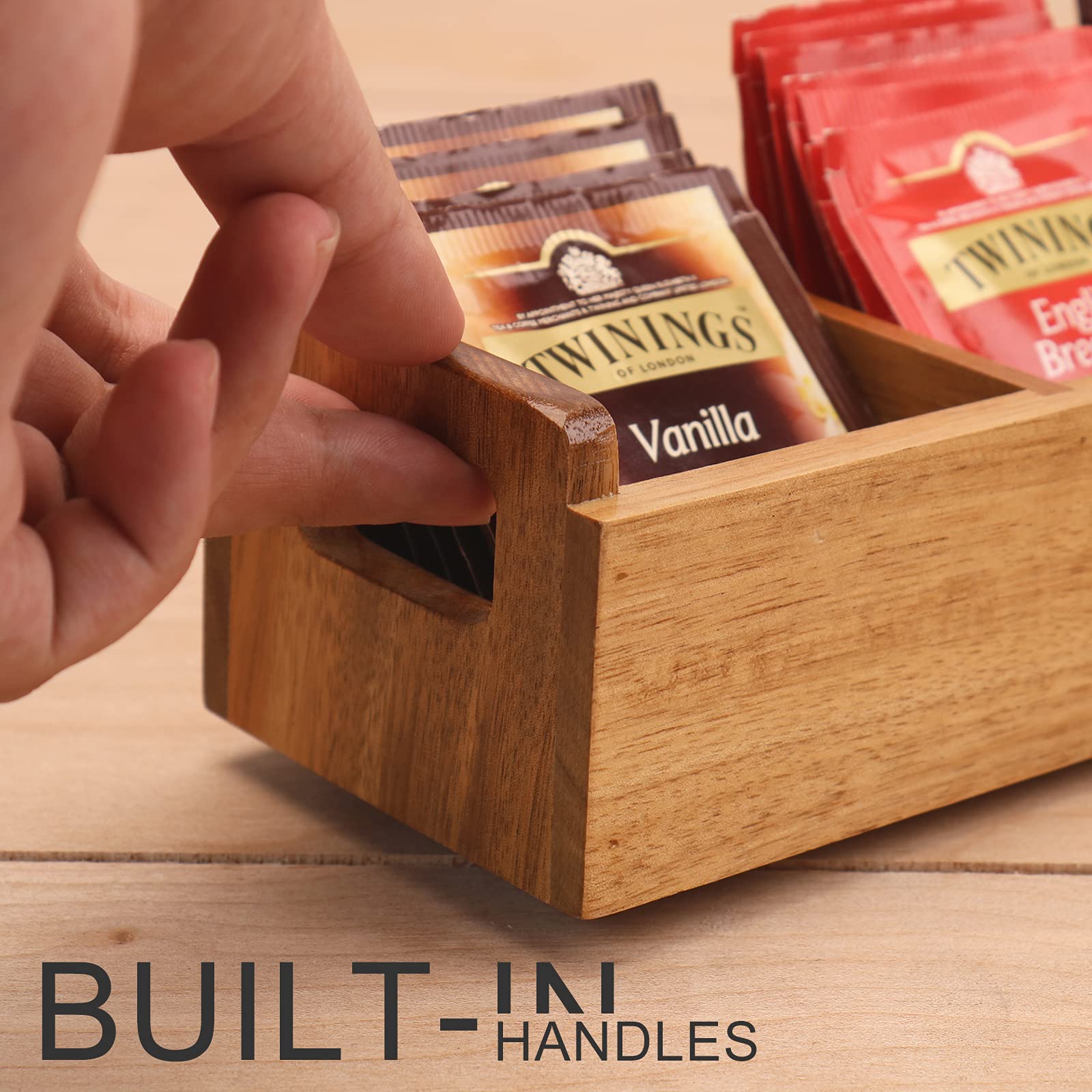 Htb Small Tea Bag Box Wooden, 3 Compartments Acacia Wood Tea Bag Chest With Handle, Mini Countertop Divided Storage Container Fo