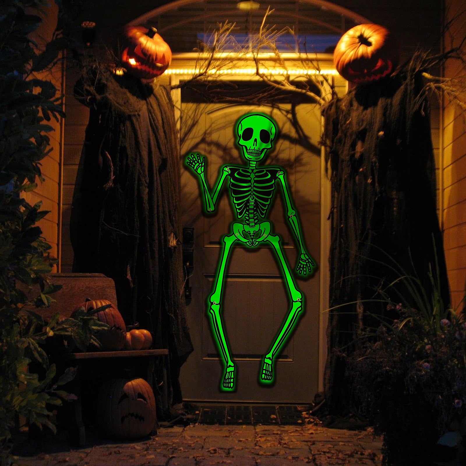 KALEFO Halloween Door Decorations Glow in The Dark Skeleton Party Supplies Skull Hanging Ornaments Outdoor Yard Garden Sign Hang