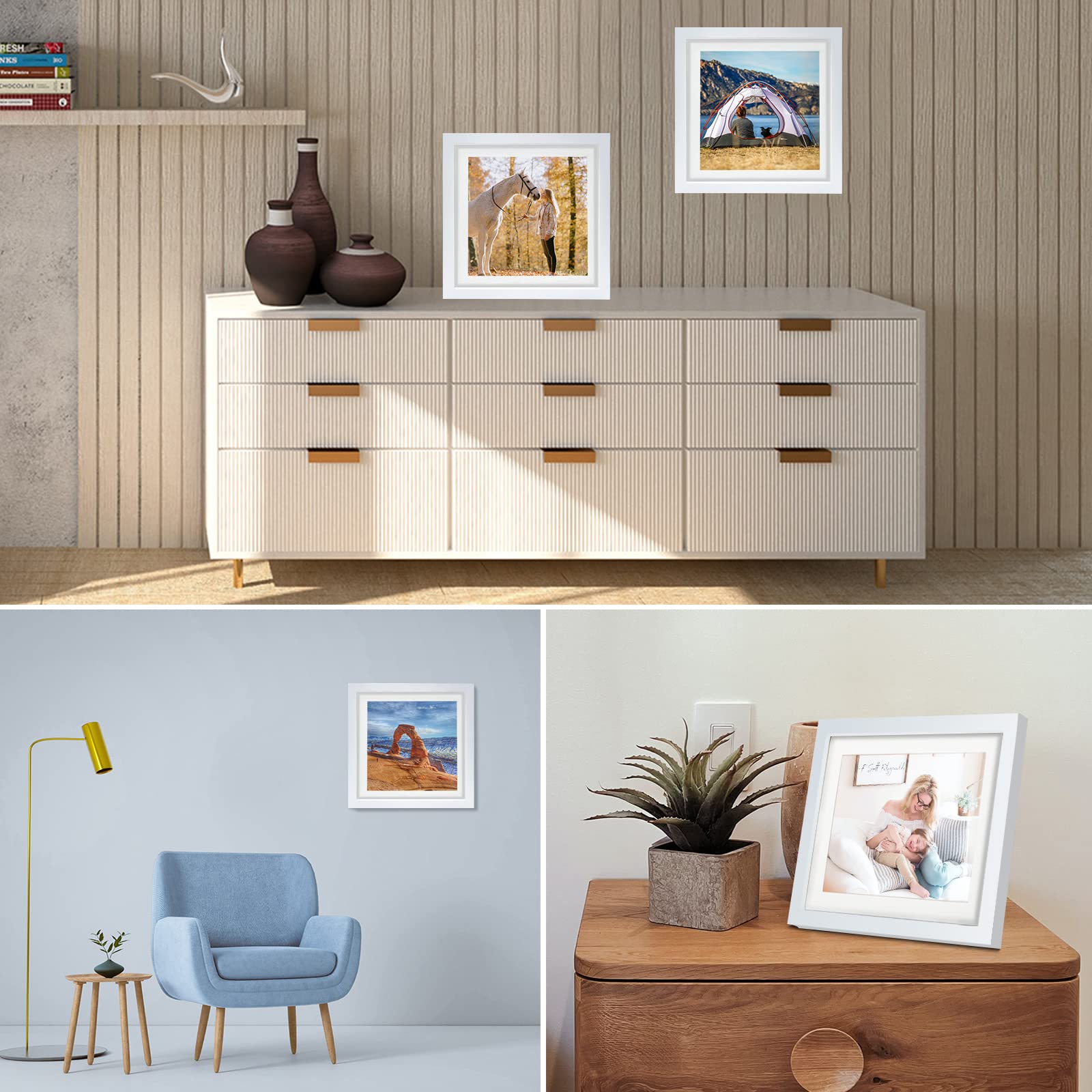 LEKAIYA 10x10 White Picture Frames Set of 2, Square Solid Wood Frame to Display 8x8 Picture with Mat or 10x10 Without Mat for Ta