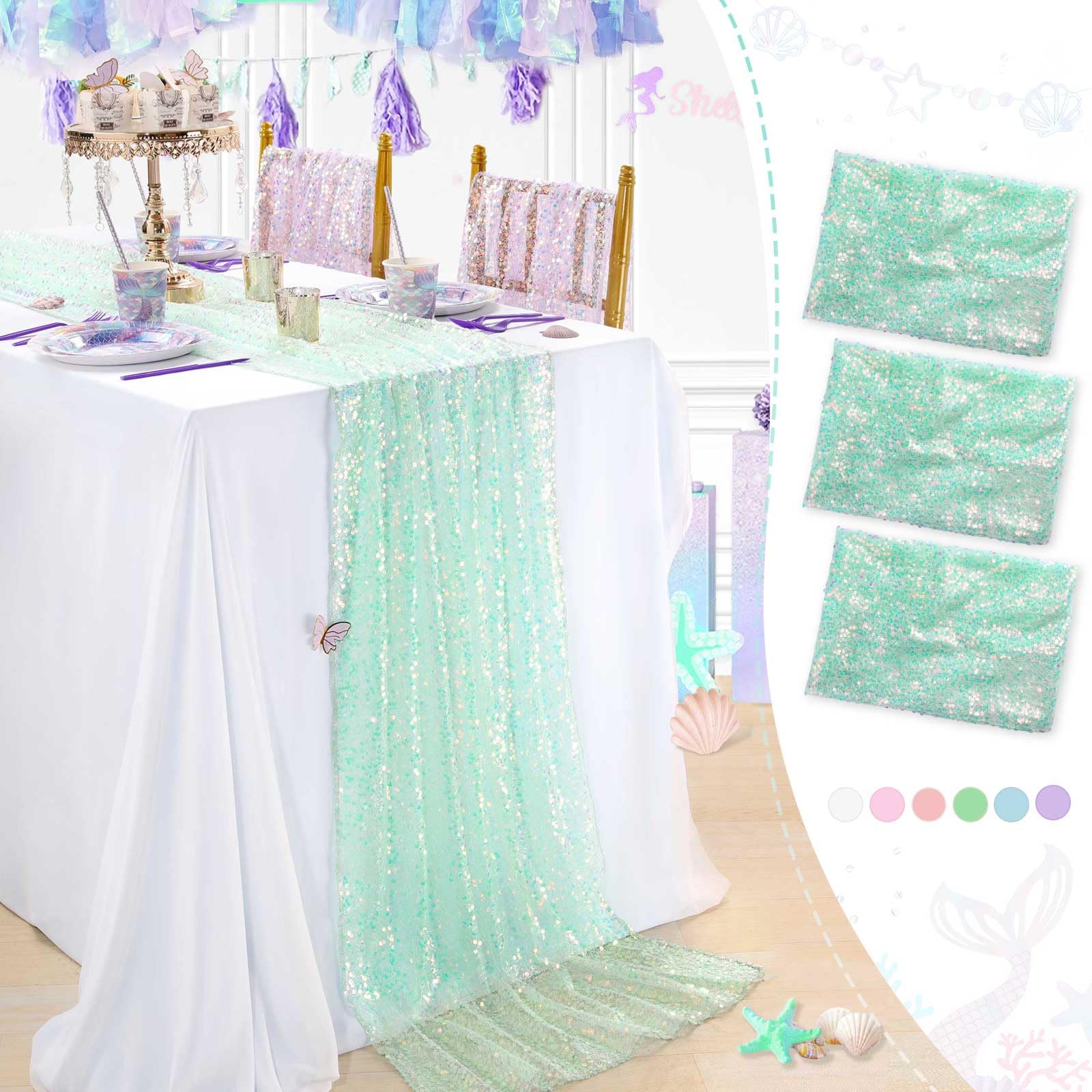 Green Table Runner 3 Pcs Sparkle Iridescent Table Runners 25x120 Inches Mermaid Themed Birthday Party Decorations