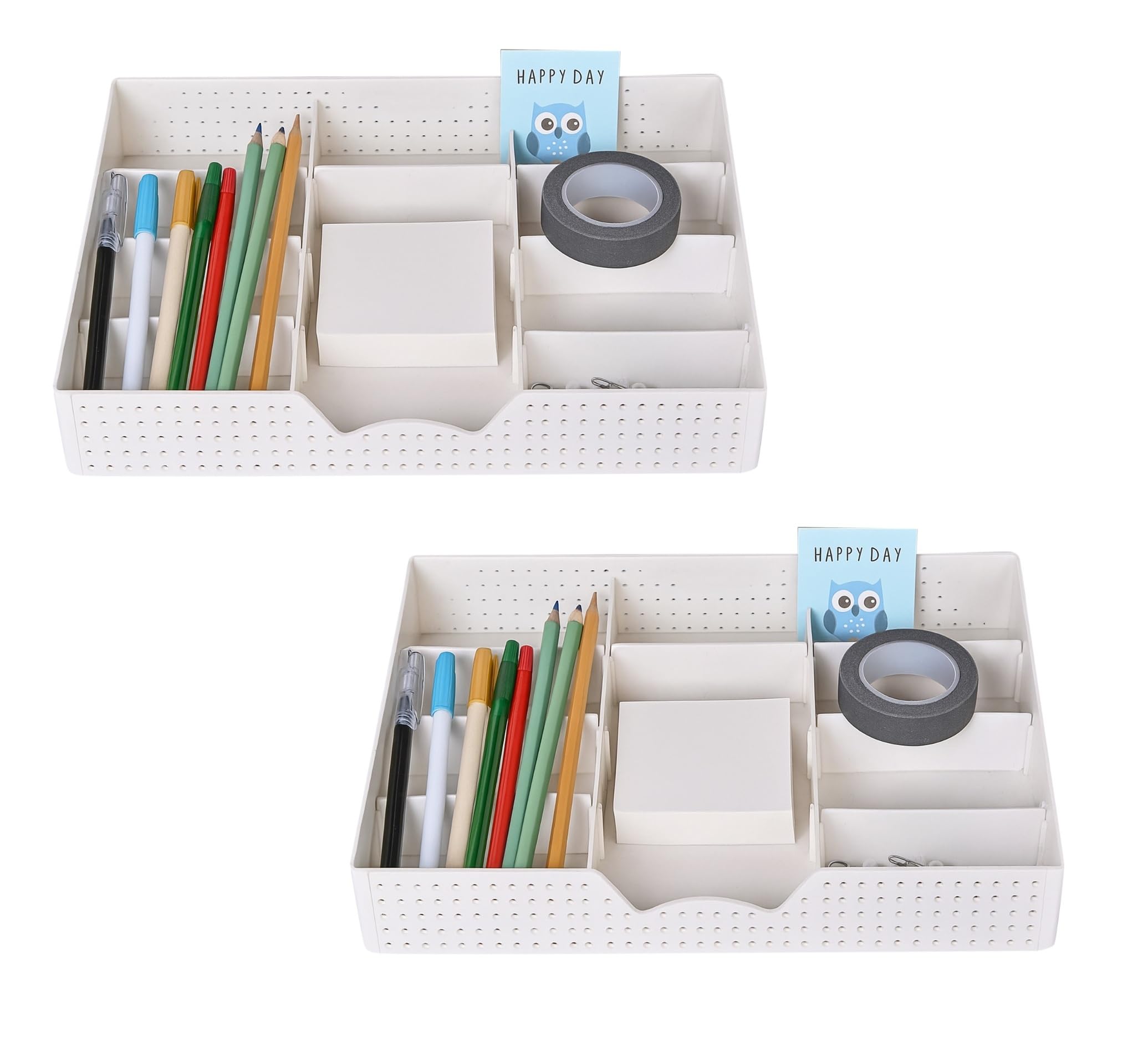 Xacton 3 Slot Drawer Organizer With 9 Adjustable Dividers  White (Pack Of 2) I Multi Functional Storage Tray I Stackable Drawe