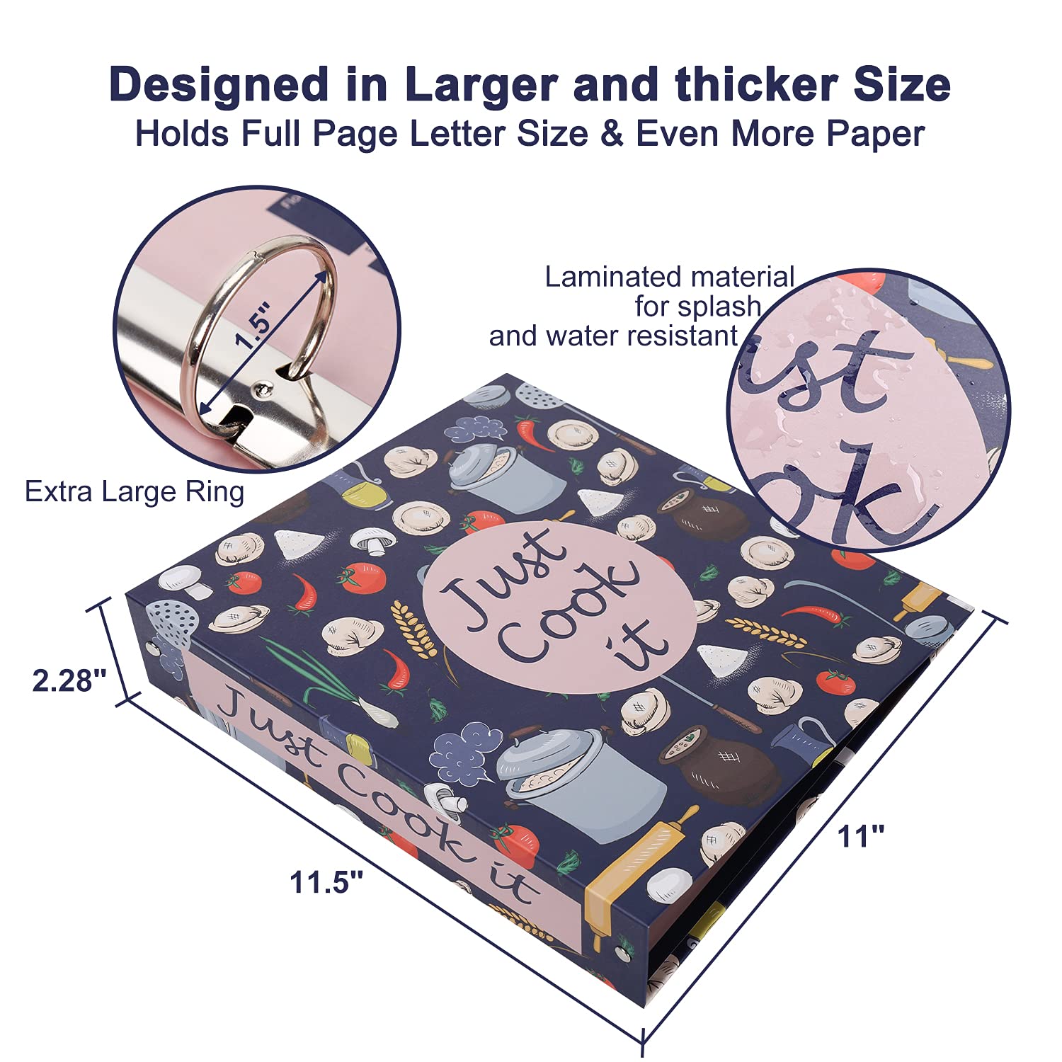 Recipe Binder Kit - 3 Ring Full Page Recipe Book Binder 8.5''x11'' with 60 Page Protectors  12 Dividers and Labels for Family Recipe Organizer  Grain Design