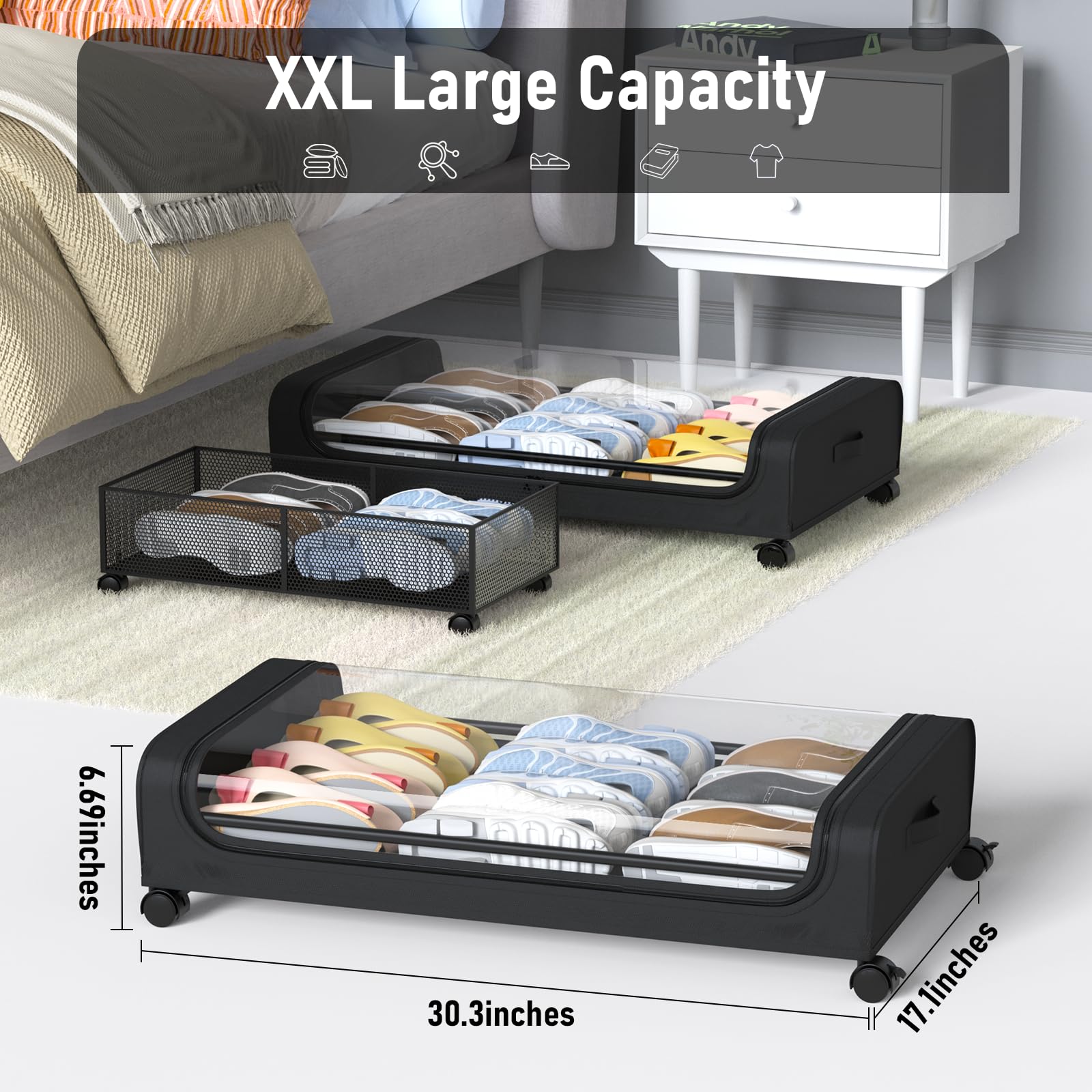 Under Bed Storage with Wheels and Lid, Under Bed Rolling Storage with XXL Large Capacity, Under the Bed Storage for Bedroom Unde