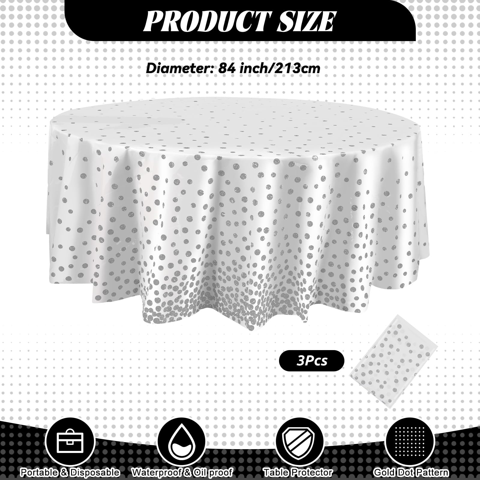 Newwiee 3 Pcs Round Dot Tablecloth 84 Inch Plastic Table Cover Confetti Tablecloths for Christmas New Year Wedding Bridal Shower