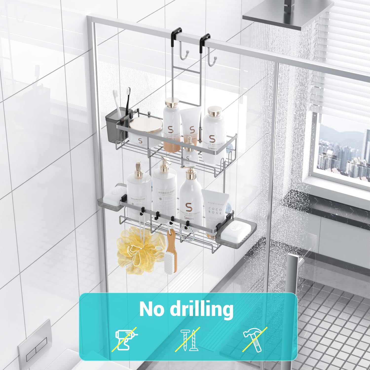 Aitatty Hanging Shower Caddy Over Door: Silver Rustproof Shower Organizer Over The Door - No Drilling Bathroom Rack For Inside S
