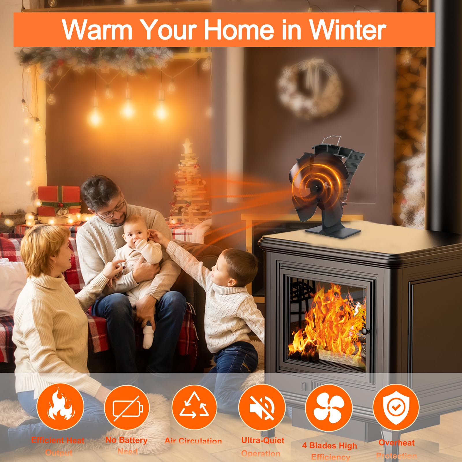 Tomersun Stove Fan 4 Blades Wood Stove Fan Silent Heat Powered Wood Burner Fan for Log Burner/Fireplace/Wood Burning Stove
