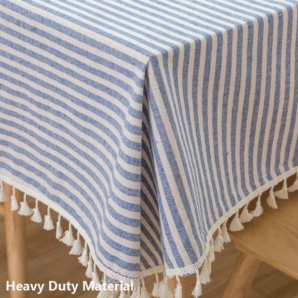Trudelve Cotton Blend Tablecloth Blue And White Striped Tablecloth With Tassels Boho Rectangle Tablecloths (Blue,102''X55'',Rect