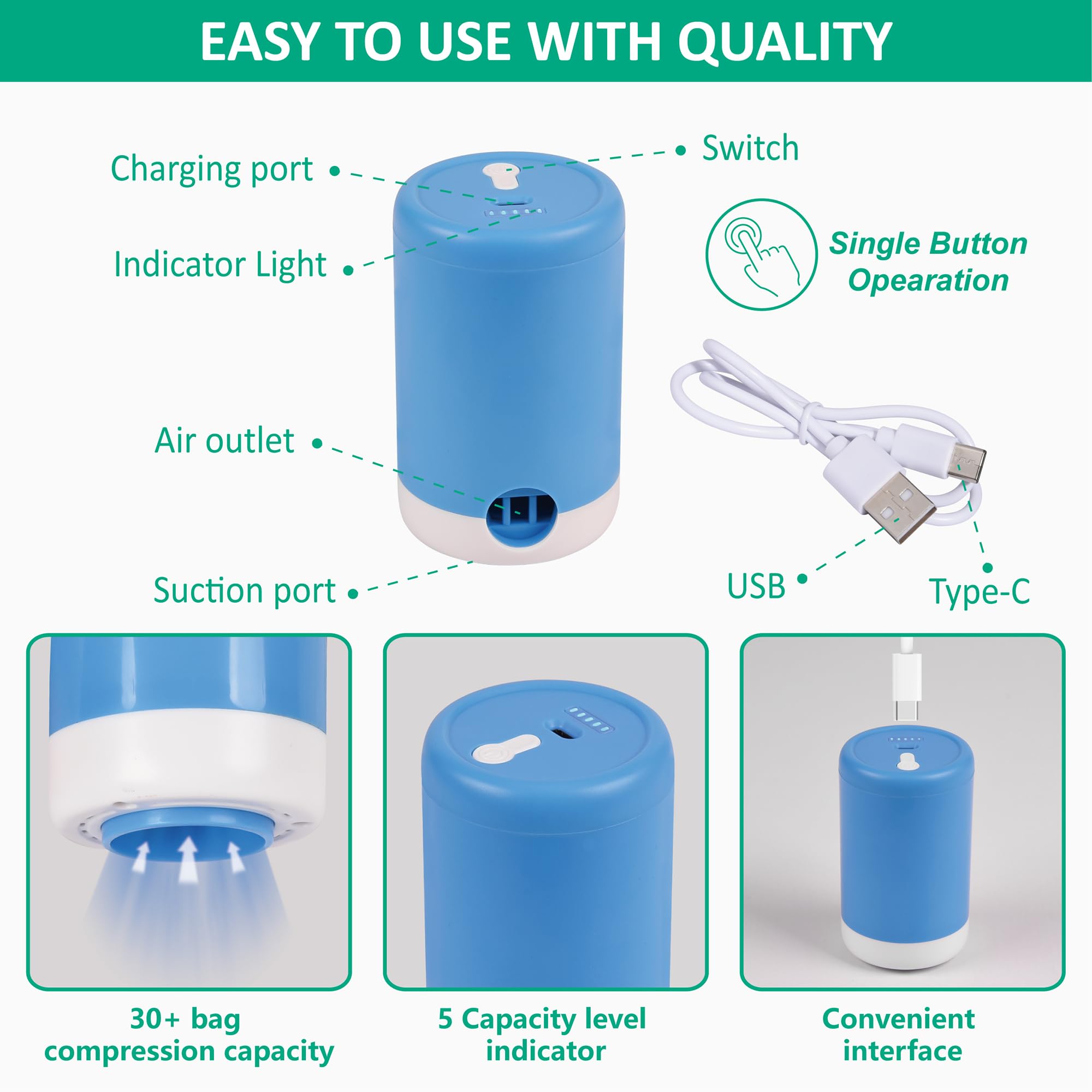 Cozy Essential Travel Vacuum Bags with Electric Pump, 6 Pack Vacuum Travel Bags for Luggage and Suitcase, Vacuum Seal Space Save