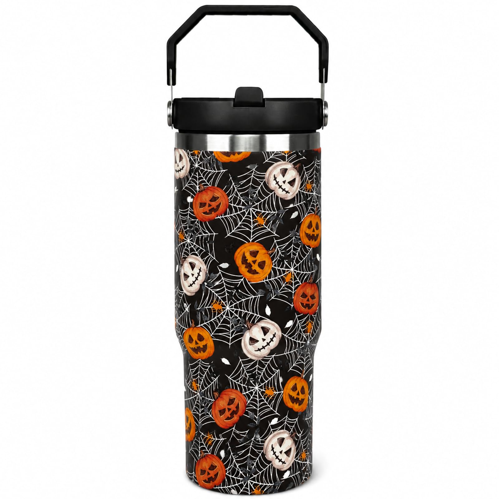 Exacmos 30oz Halloween Tumbler with Handle and Straw, Pumpkin Spider web Stainless Steel Vacuum Insulated Travel Coffee Mug Cup 