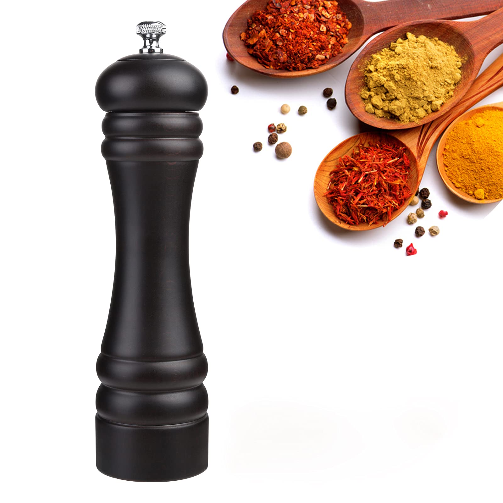 Joidxir Pepper Mill Black 12 Inch Tall Large Pepper Grinder Mill Wood Refillable Stainless Steel Metal Mechanism Adjustable Coar