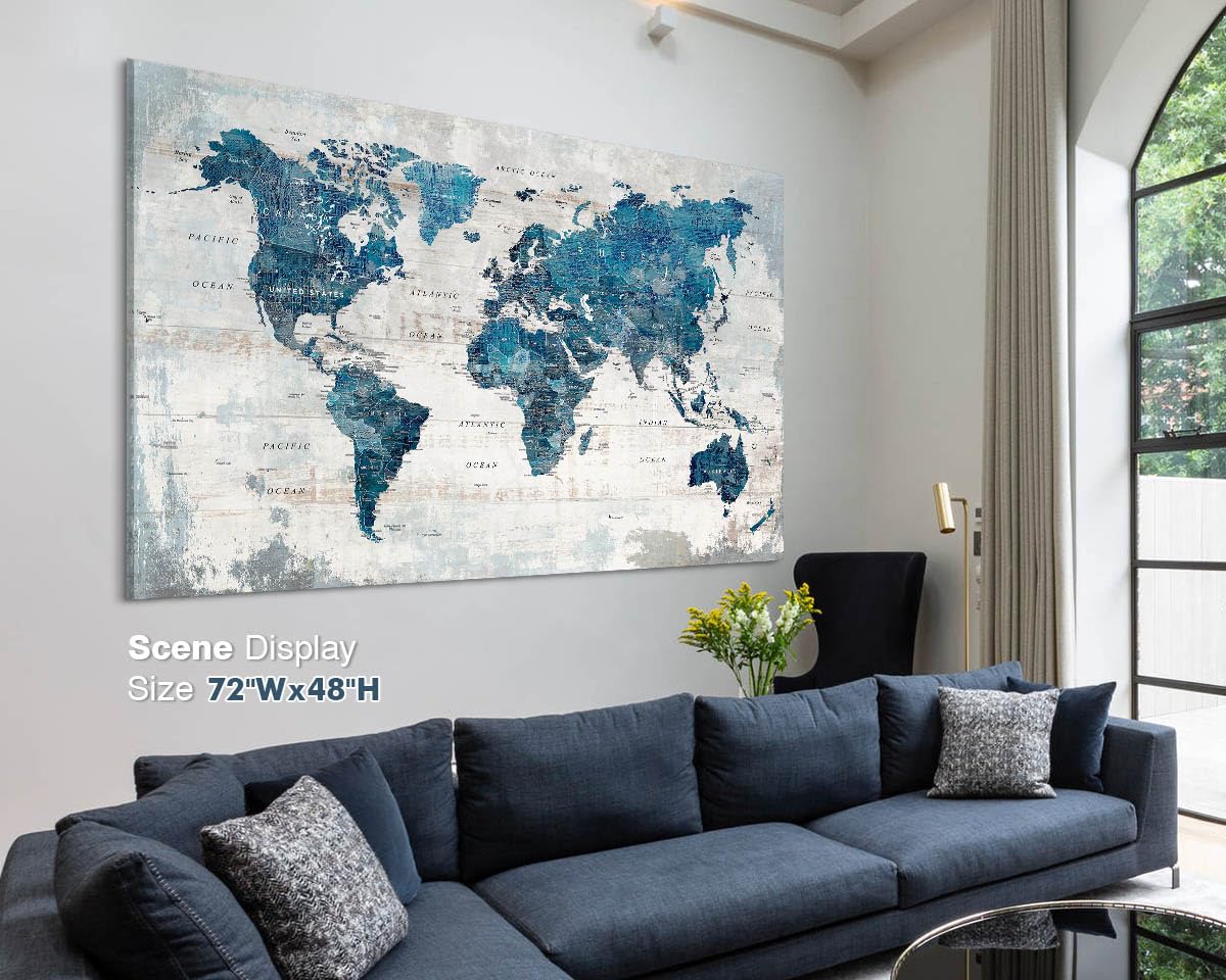 Wall Decor Living Room Wall Art Blue Map Decor Picture Oversized Large Office Decor For Women Framed White Artwork Rustic Framho