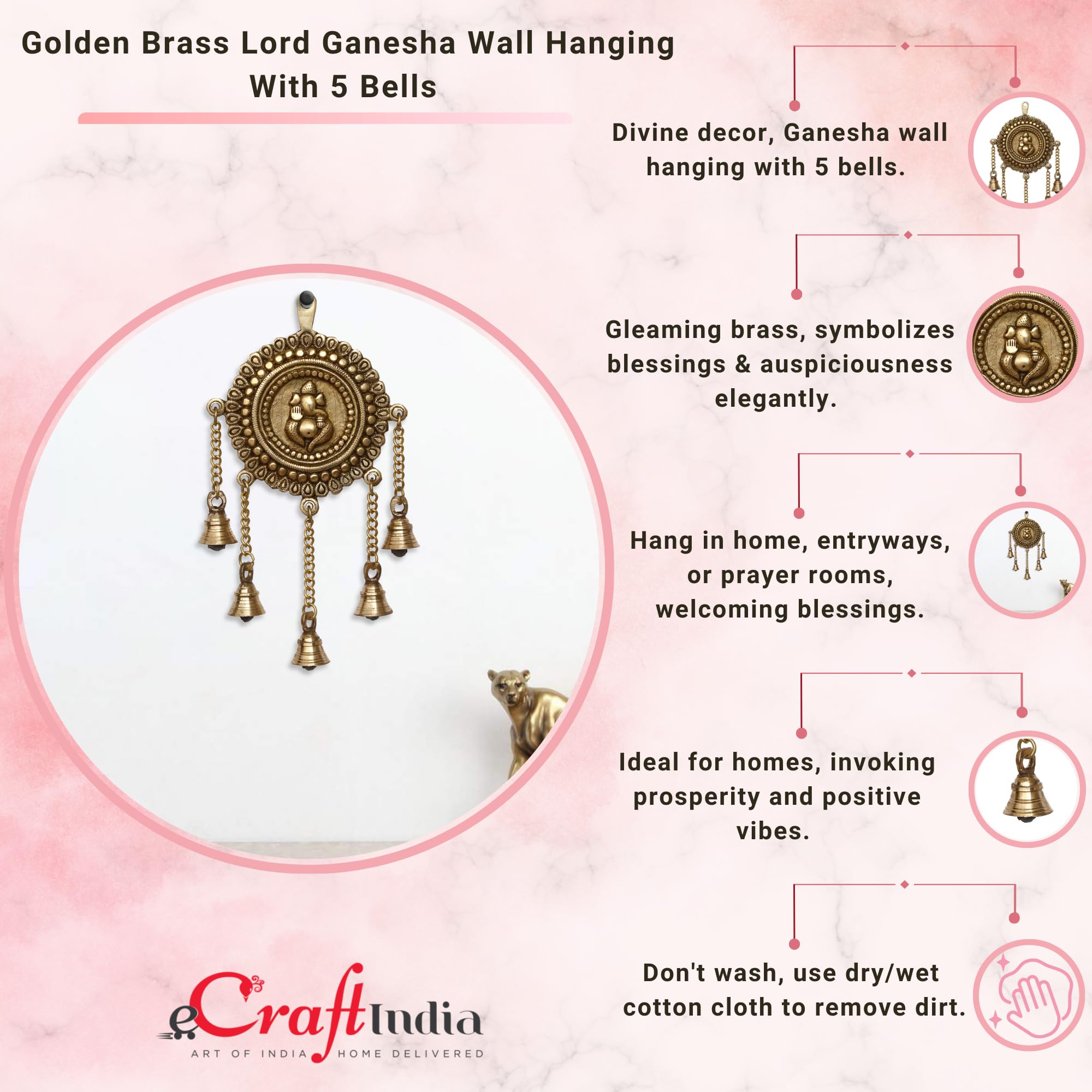 Ecraftindia Golden Brass Decorative Ganesha Wall Hanging Art With 5 Bells | Lord Ganesha Statue Decorative Showpiece For Wall De