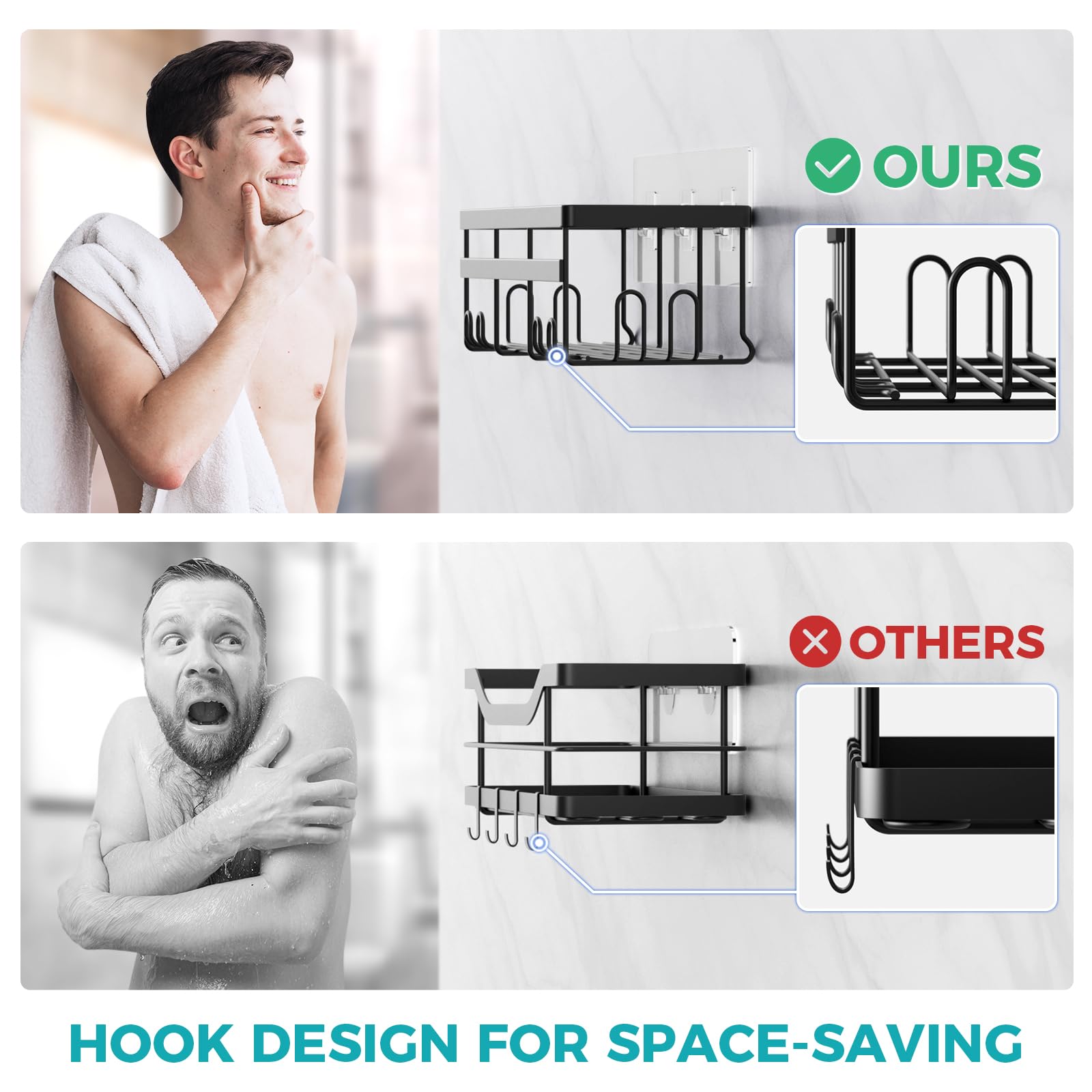 Homehacks Shower Caddy, No Drilling Rustproof Shower Organizer, Shower Storage Shelves With Hooks, Apartment Essentials For Bath