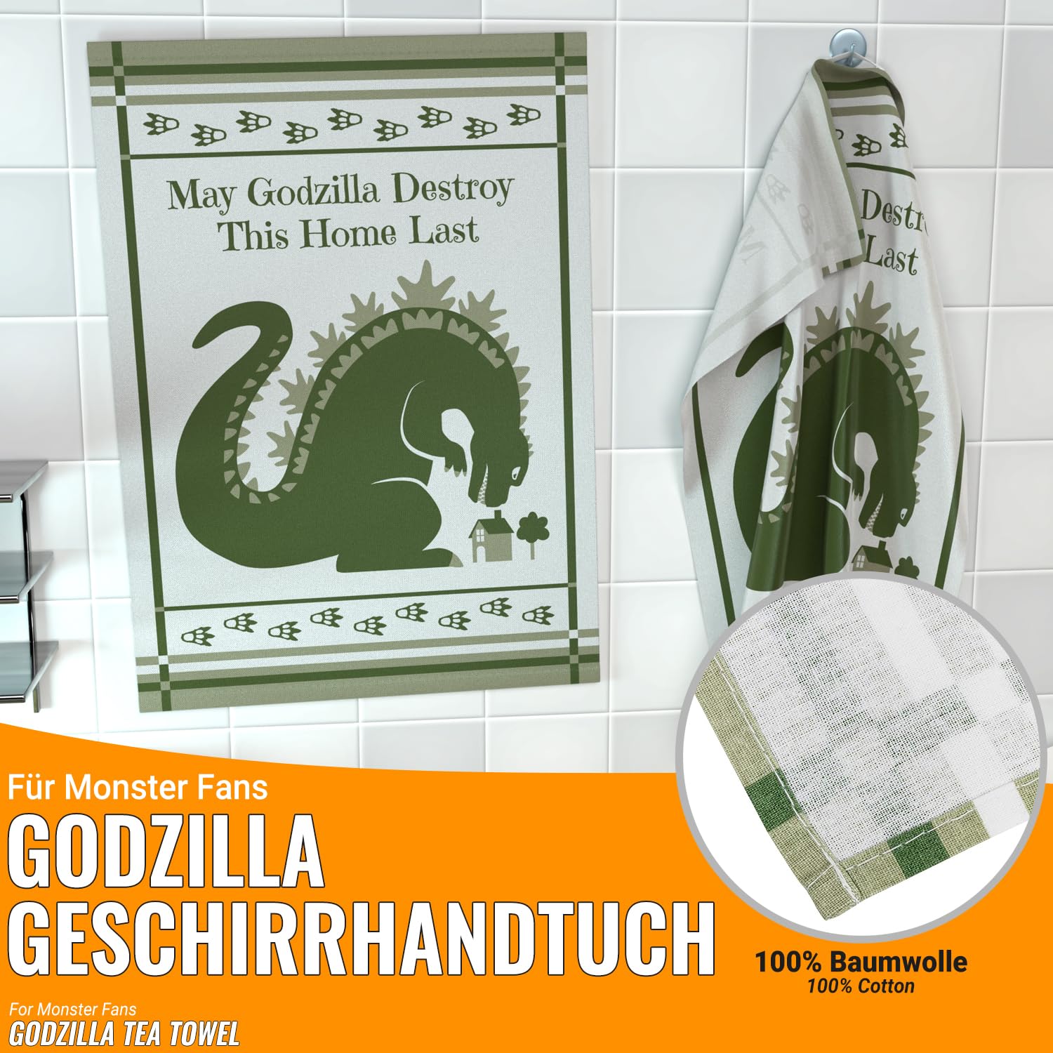 Getdigital Dish Cloth May Godzilla Destroy This Home Last - A Funny Home Blessing Kitchen Towel For Geeks And Monster Movie Fans