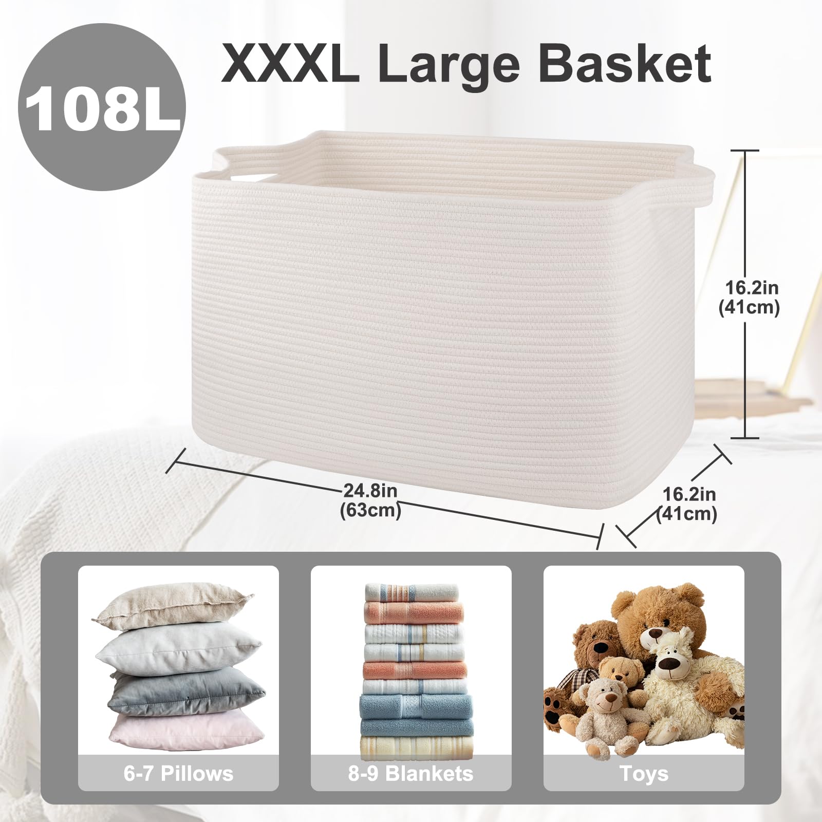 Oiasket 108L Laundry Basket For Organizing, 24.8''L X 16.2''W X 16.2''H Extra Large Blanket Basket, Rope Storage Basket For Livi