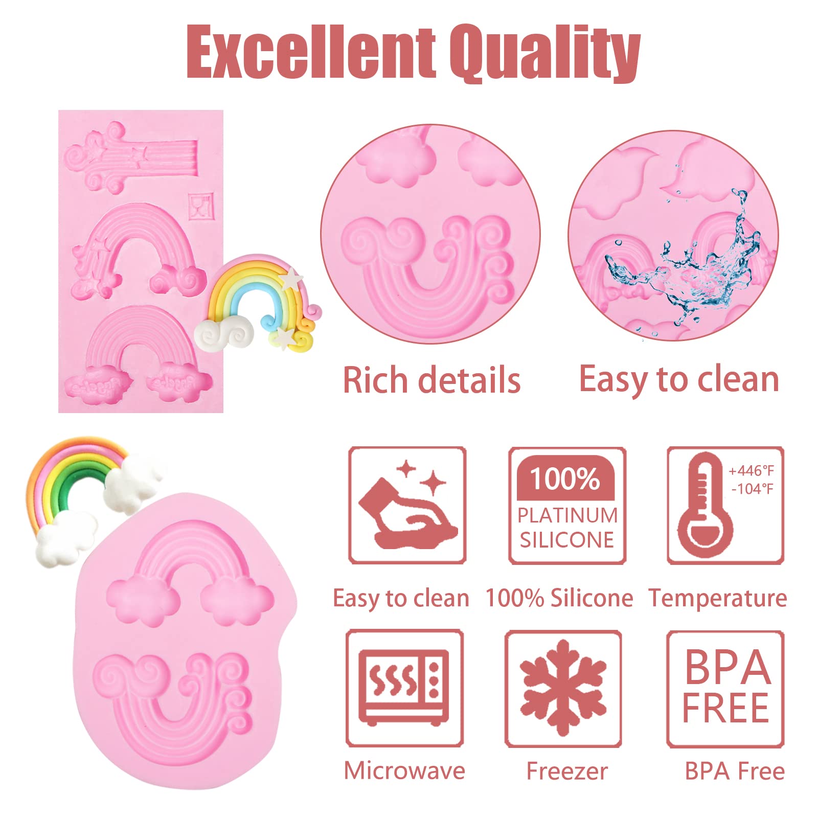 Cloud Fondant Molds 3 Pcs, Rainbow Silicone Mold For Chocolate Cake Decoration Candy Sugar Cupcake Topper Cake Pop Popsicle, Pol