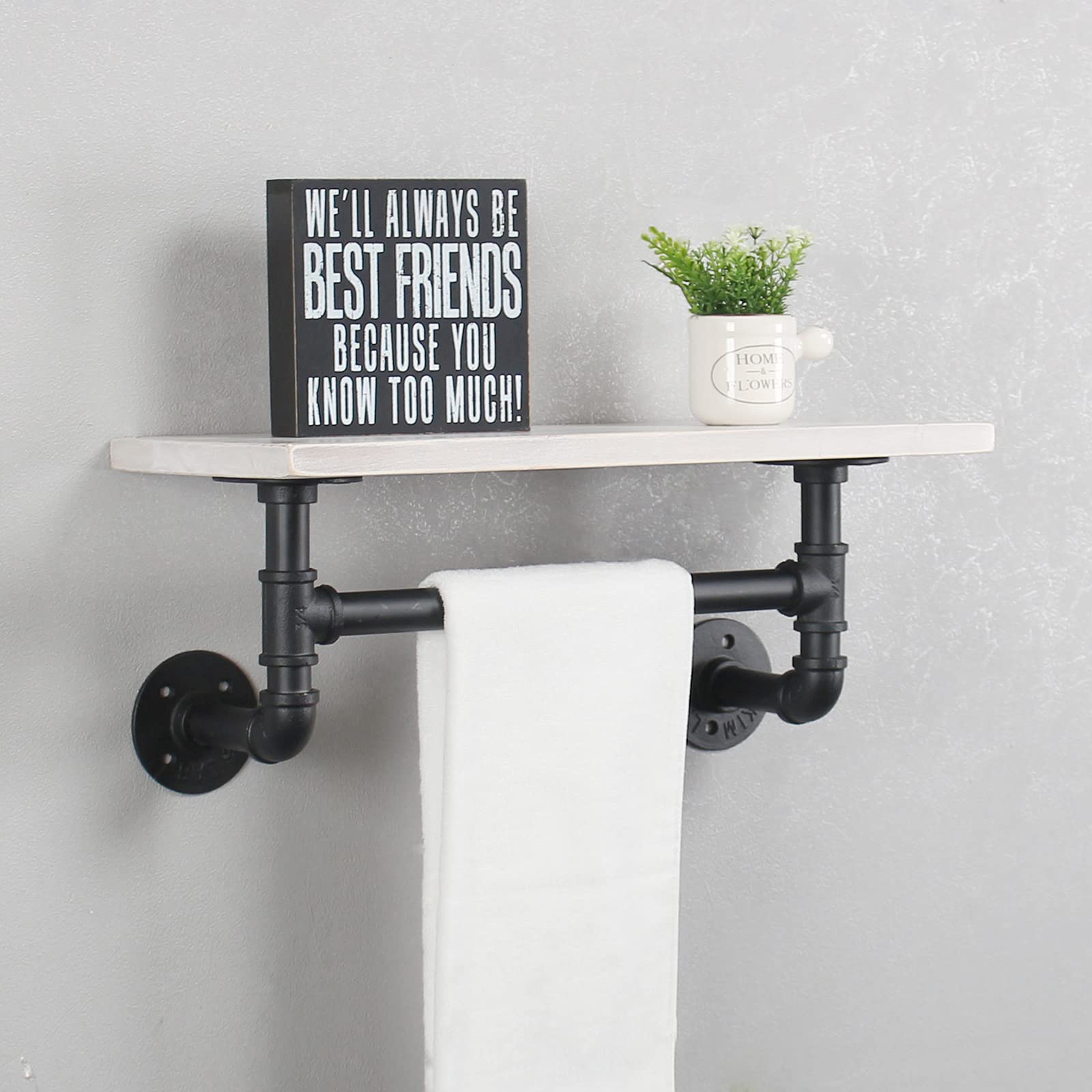 MBQQ Industrial Pipe Shelf Bathroom Shelves Wall Mounted 19.6in Rustic Wood Shelf with Towel Bar 1 Tier Farmhouse Towel Rack Pipe Shelving Floating Shelves Towel Holder Black & White