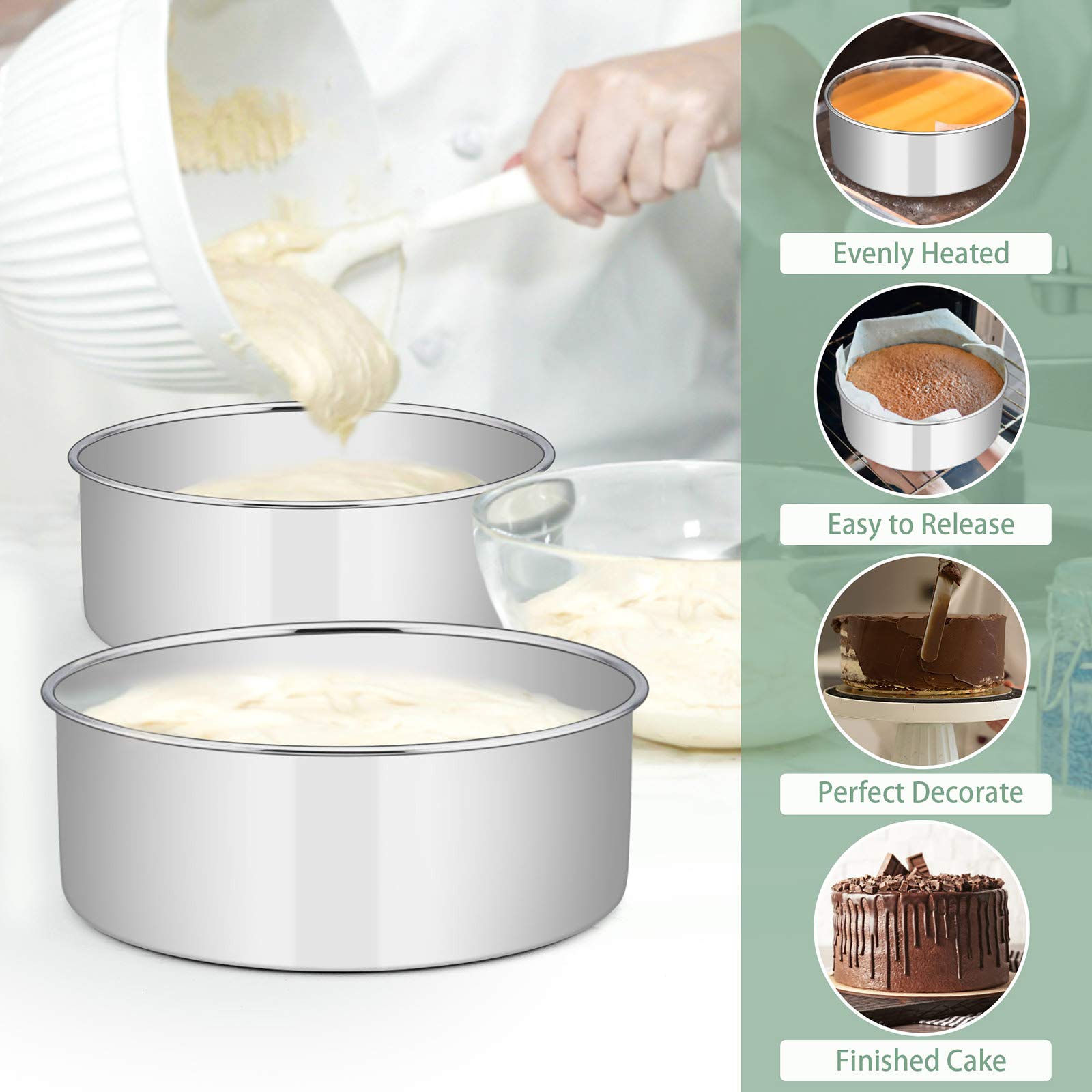 9 X 3 Inch Round Cake Pans, E-Far Stainless Steel Deep Cake Baking Pan For Layer Cake Chiffon Cheesecake, Healthy Metal Cake Tin