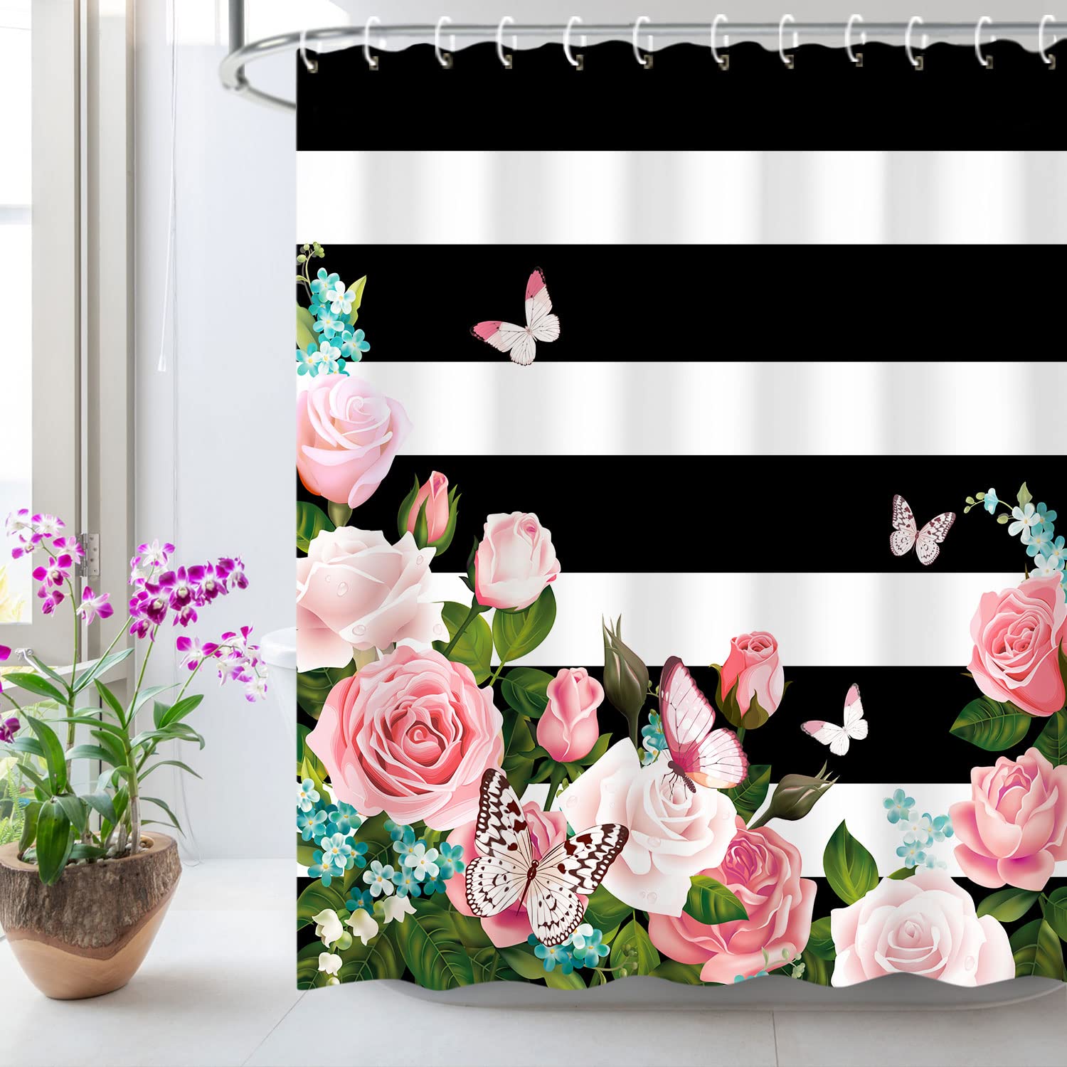 Livilan Striped Shower Curtain With Pink Roses, Pink Shower Curtain,Butterfly Shower Curtains Set With Hooks, Girly Shower Curta