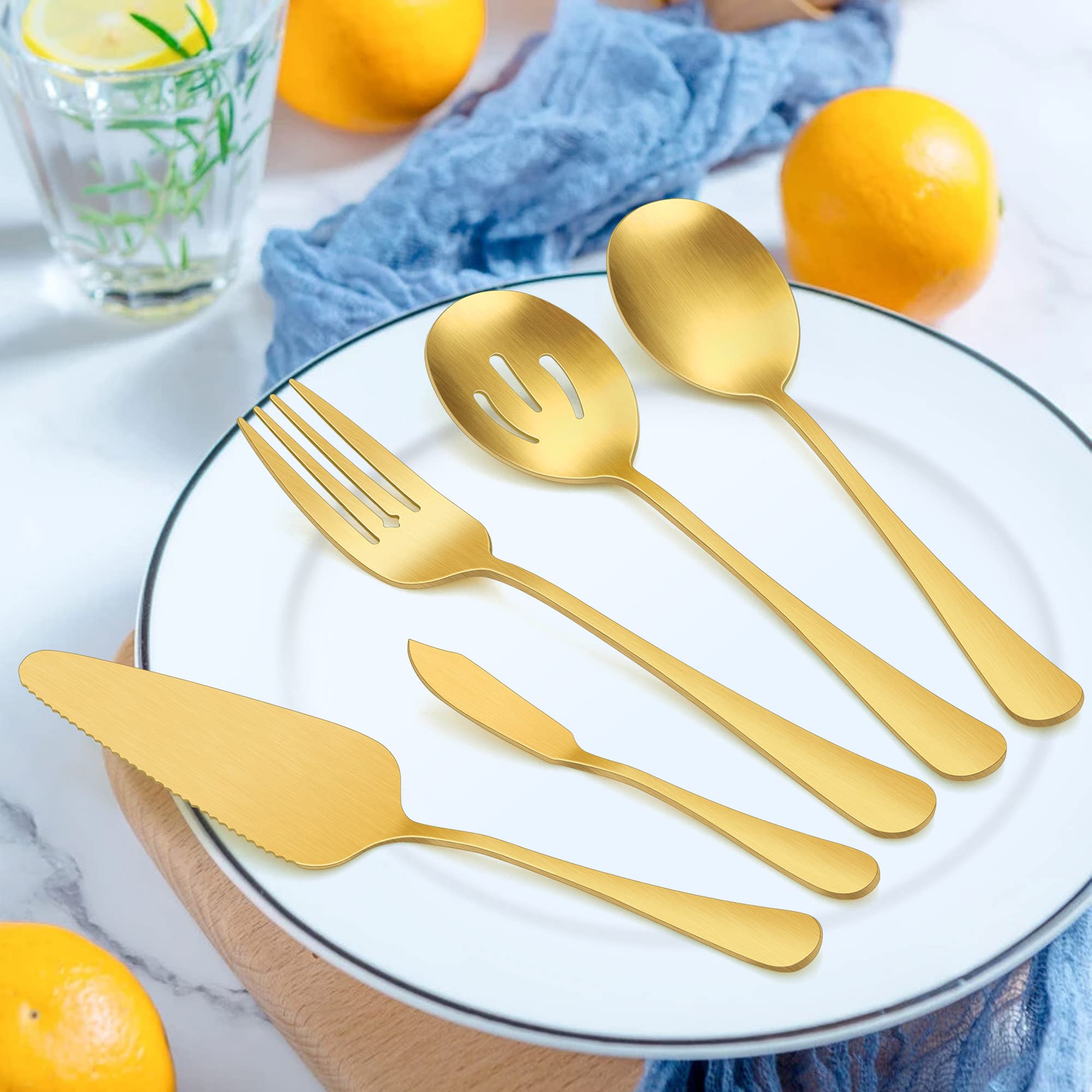 Lianyu 5-Piece Matte Gold Serving Utensils Set, Stainless Steel Serving Set Include Serving Spoon Fork, Flatware Serving Pieces
