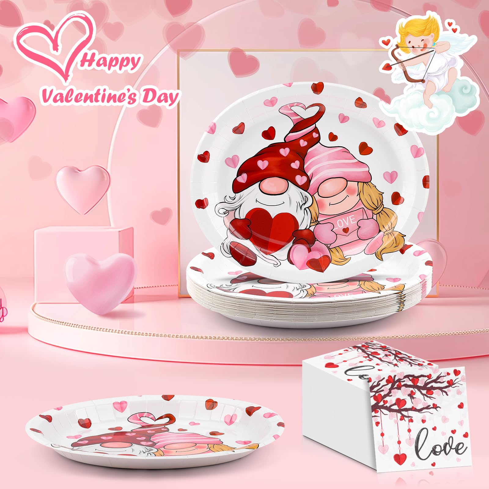 Fatlbsev 50Pcs Valentines Day Oval Paper Plates And Napkins Sets -10'' X 12'' Large Disposable Party Plates And 6.5'' Napkins Fo