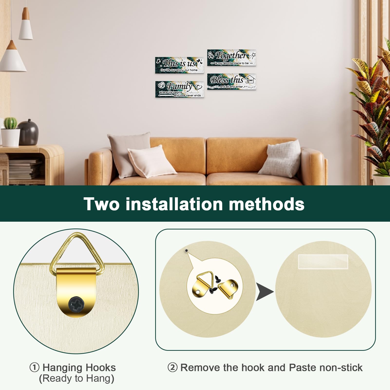 Lnond 4 Pieces Green White Marble Living Room Wall Decor, Motivational Home Family Rustic Wall Art Decor for Bedroom Living Room