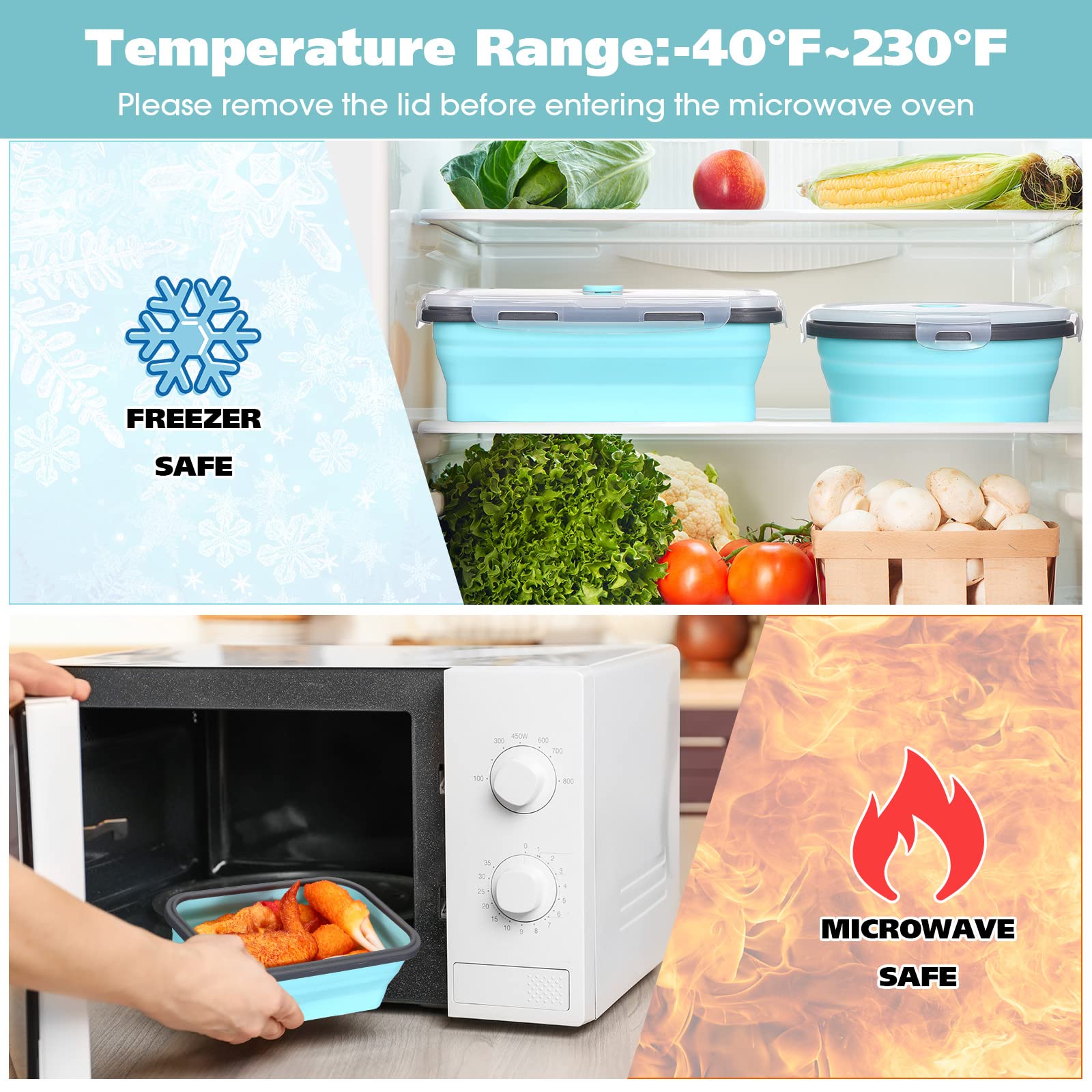 8 Pieces Collapsible Food Storage Containers Foldable Silicone Lunch Containers With Lids, 4 Pcs Silicone Rectangle Collapsible