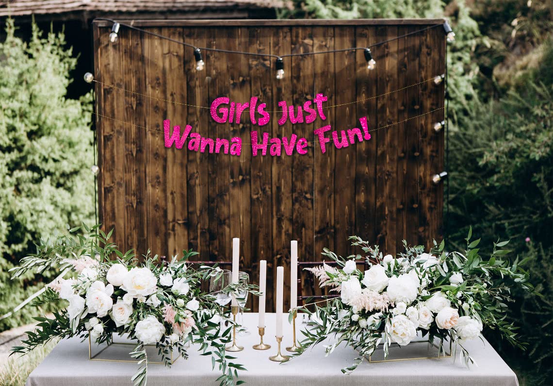 Girls Just Wanna Have Fun Neon Pink Glitter Banner - Bachelorette Party - Girls Birthday - Slumber Party - Pajama Party - Girls