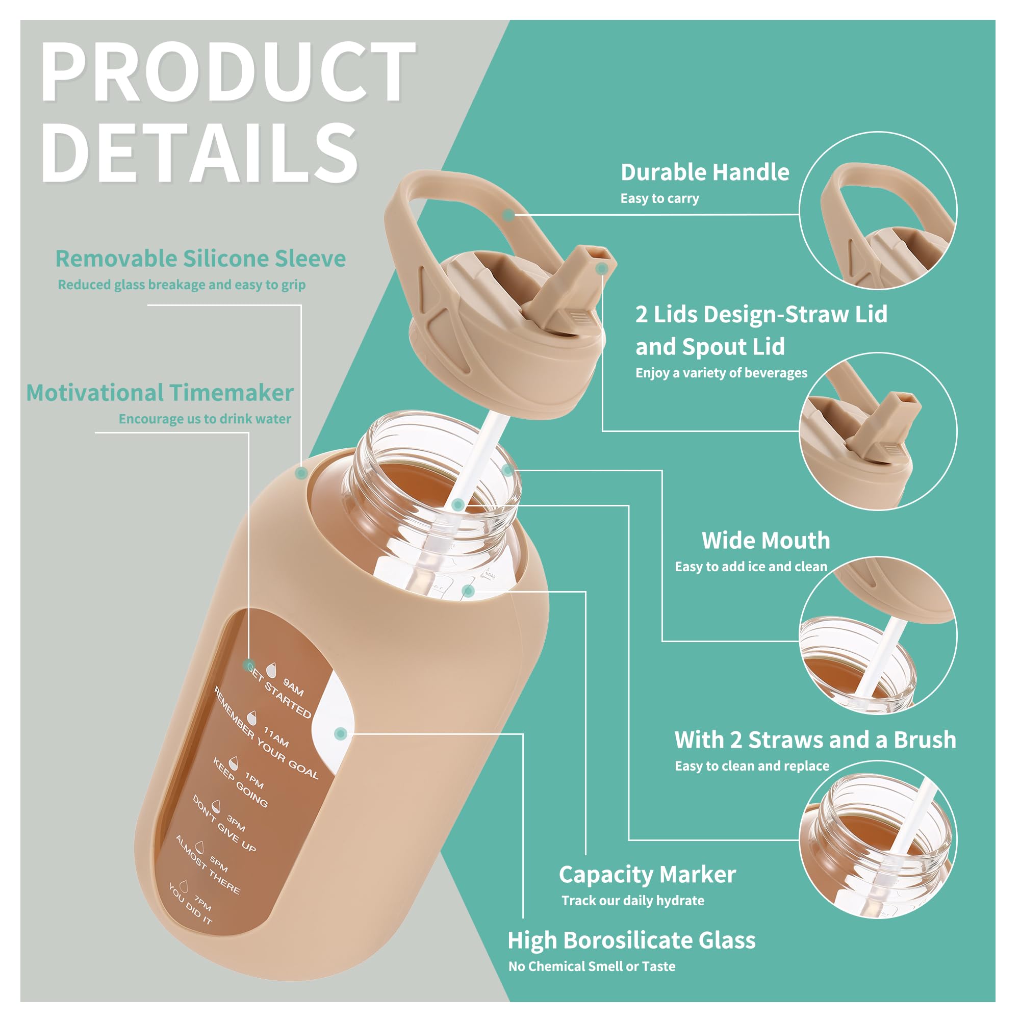 CIVAGO 32 oz Glass Water Bottle with Straw and Handle, Large Sports Motivational Water Bottle Flask with Time Marker and 2 Lids,