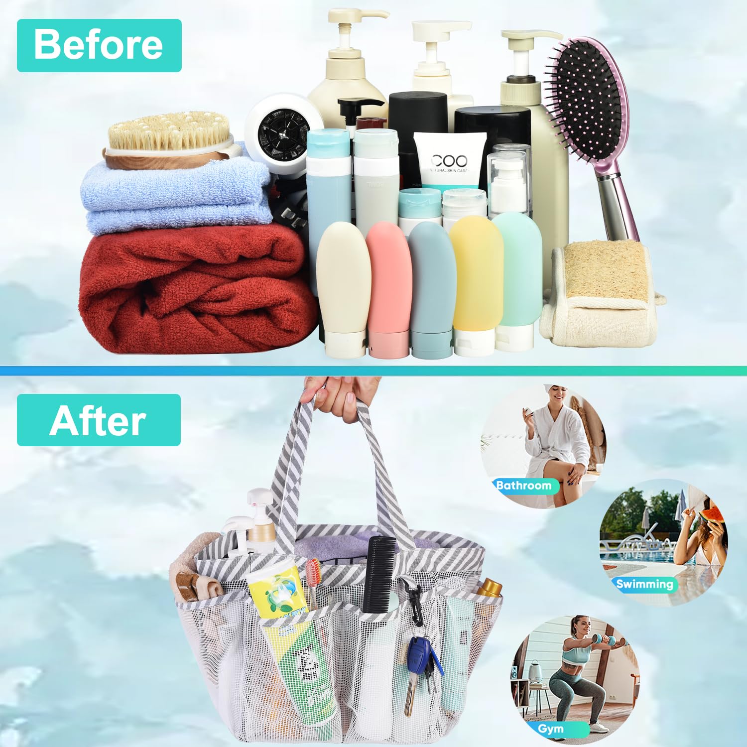 Haundry Mesh Shower Caddy Bag for College Dorm Room Essentials Portable Shower Caddy Tote with 8 Pockets for Beach  Swimming  Gym  Travel