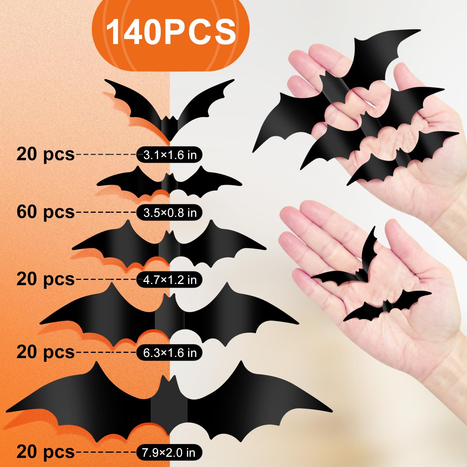 Halloween Decoration Bat 140 Pcs 3D Halloween Bats Wall Decor Stickers, Halloween Party Supplies, Halloween Wall Bats Stickers D